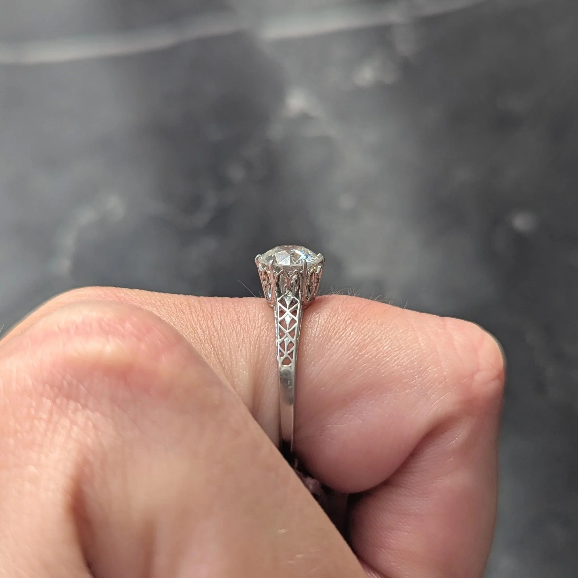 Art Deco 1.42 CTW Old European Cut Diamond Platinum Fleur-De-Lis Trellis Solitaire Engagement Ring - Image 11