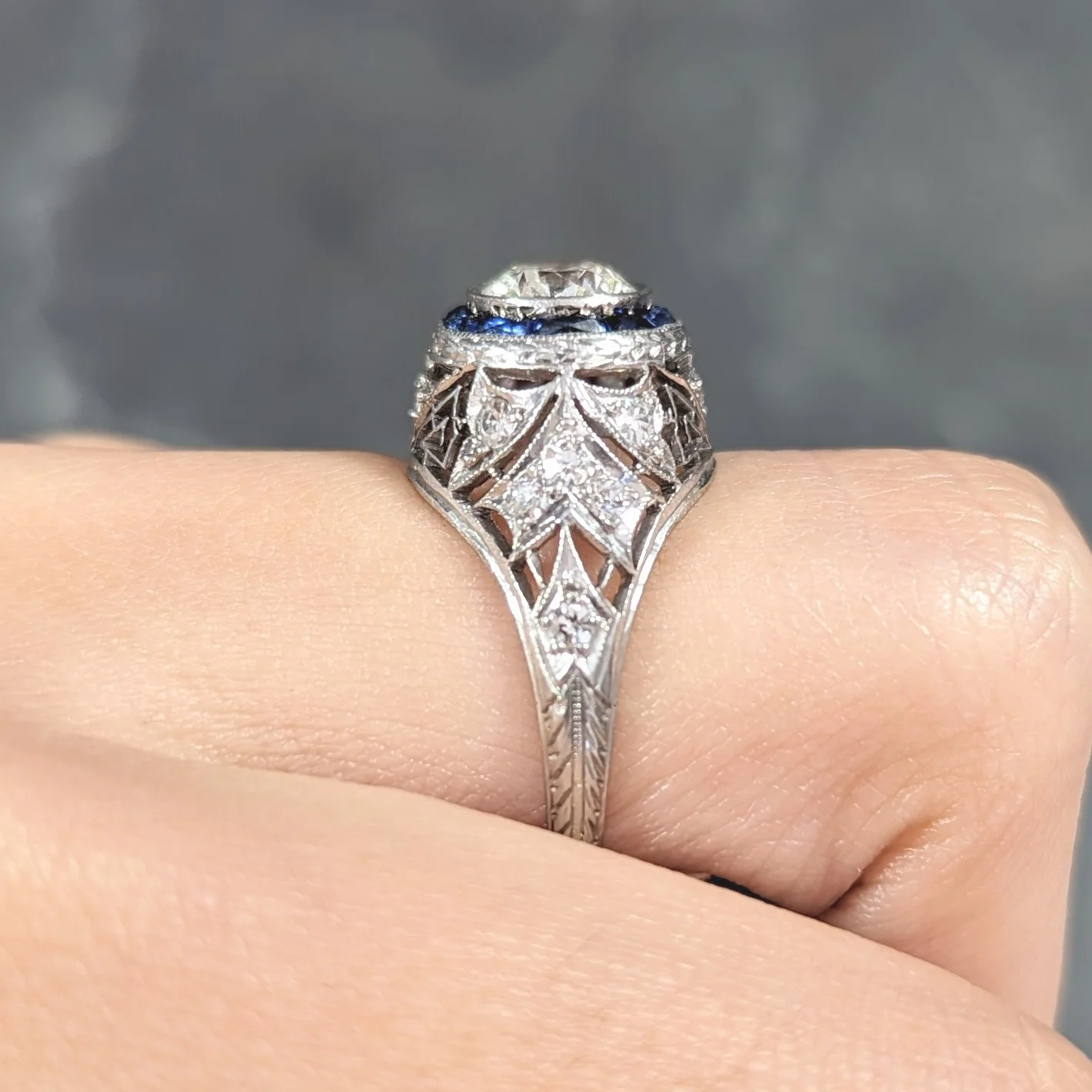 Art Deco 1.43 CTW Old European Cut Diamond Sapphire Halo Greek Key Foliate Engagement Ring - Image 11
