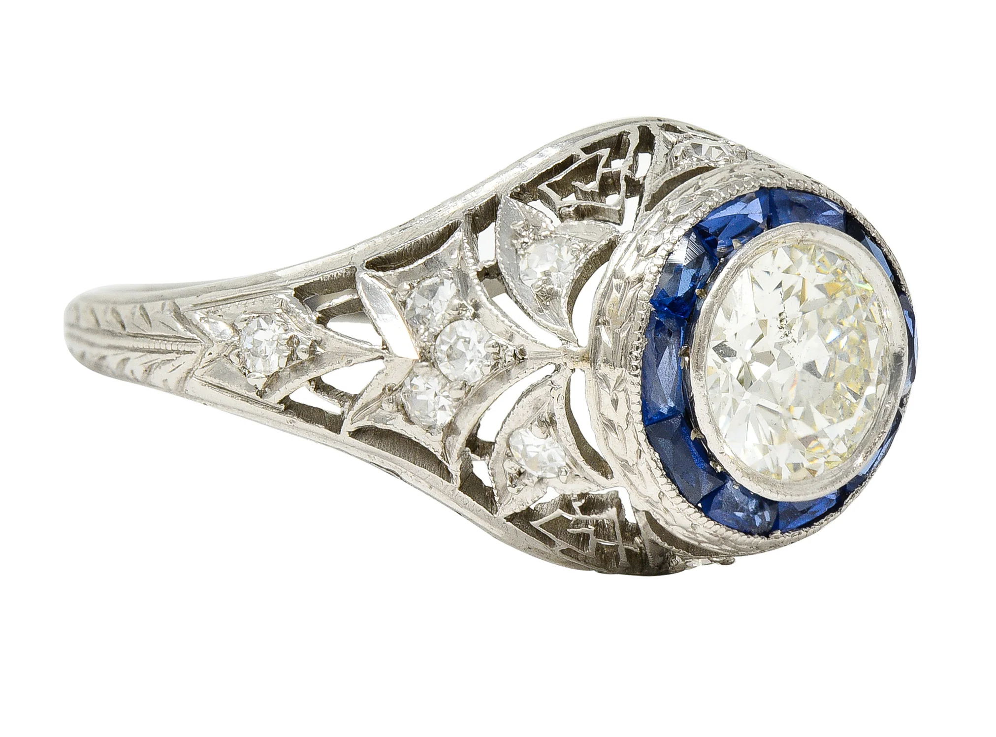 Art Deco 1.43 CTW Old European Cut Diamond Sapphire Halo Greek Key Foliate Engagement Ring - Image 2