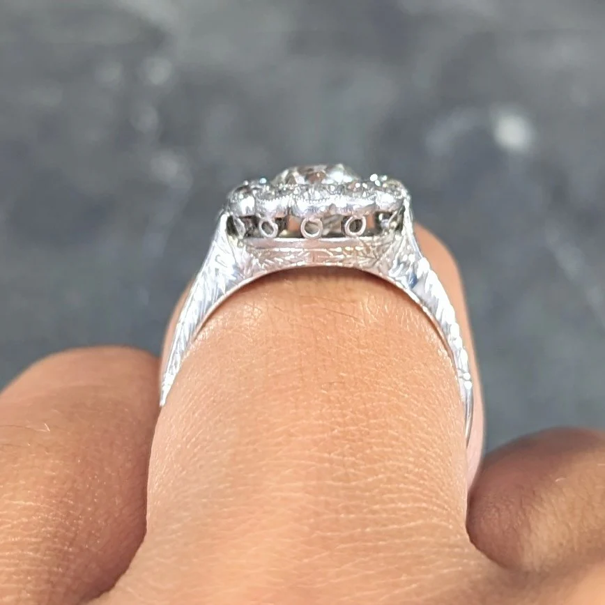 Art Deco 1.44 CTW Old European Cut Diamond 18 Karat White Gold Wheat Halo Ring - Image 13