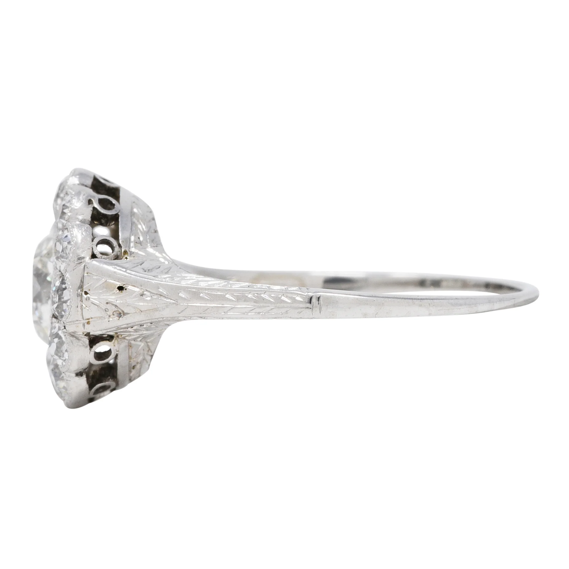 Art Deco 1.44 CTW Old European Cut Diamond 18 Karat White Gold Wheat Halo Ring - Image 5