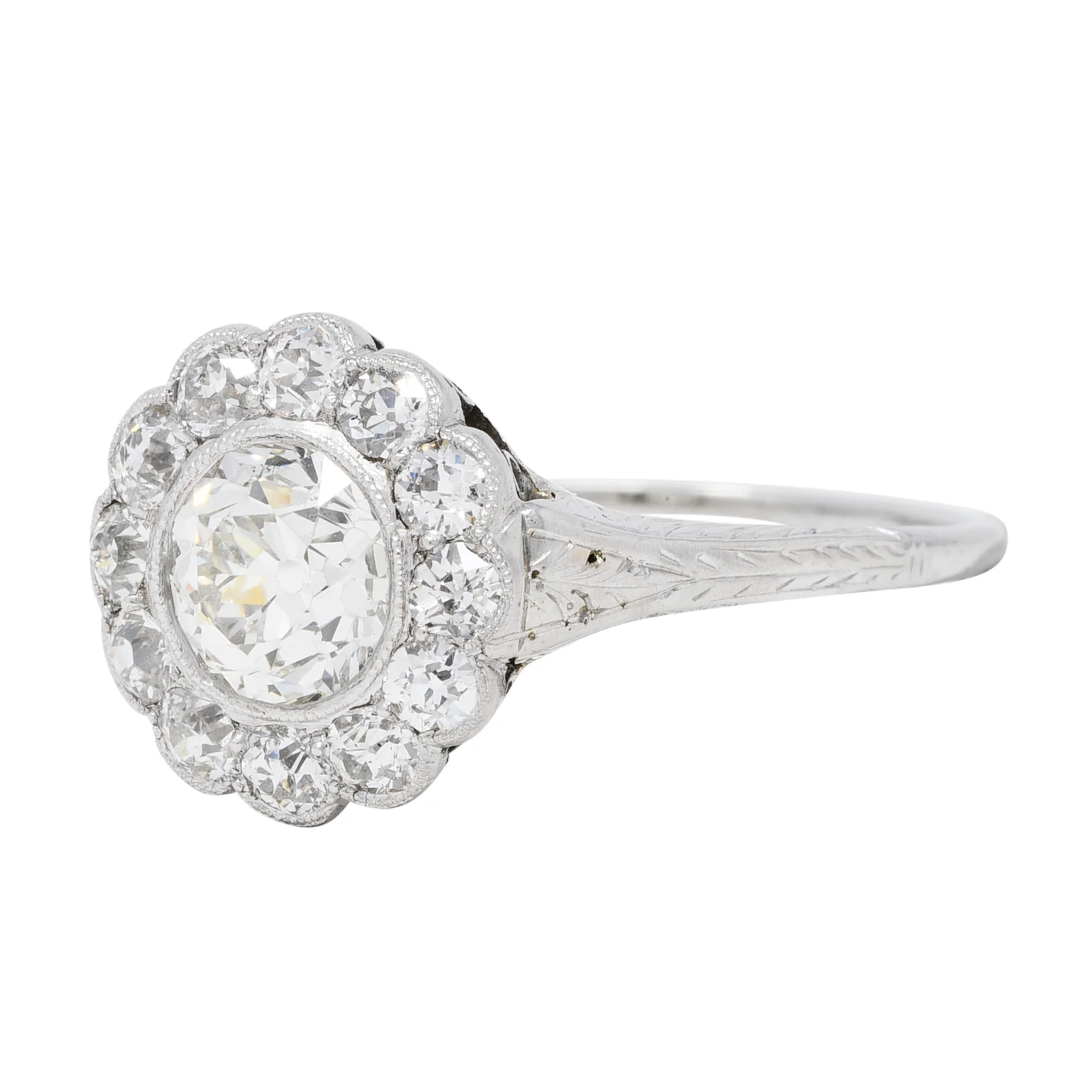 Art Deco 1.44 CTW Old European Cut Diamond 18 Karat White Gold Wheat Halo Ring - Image 6