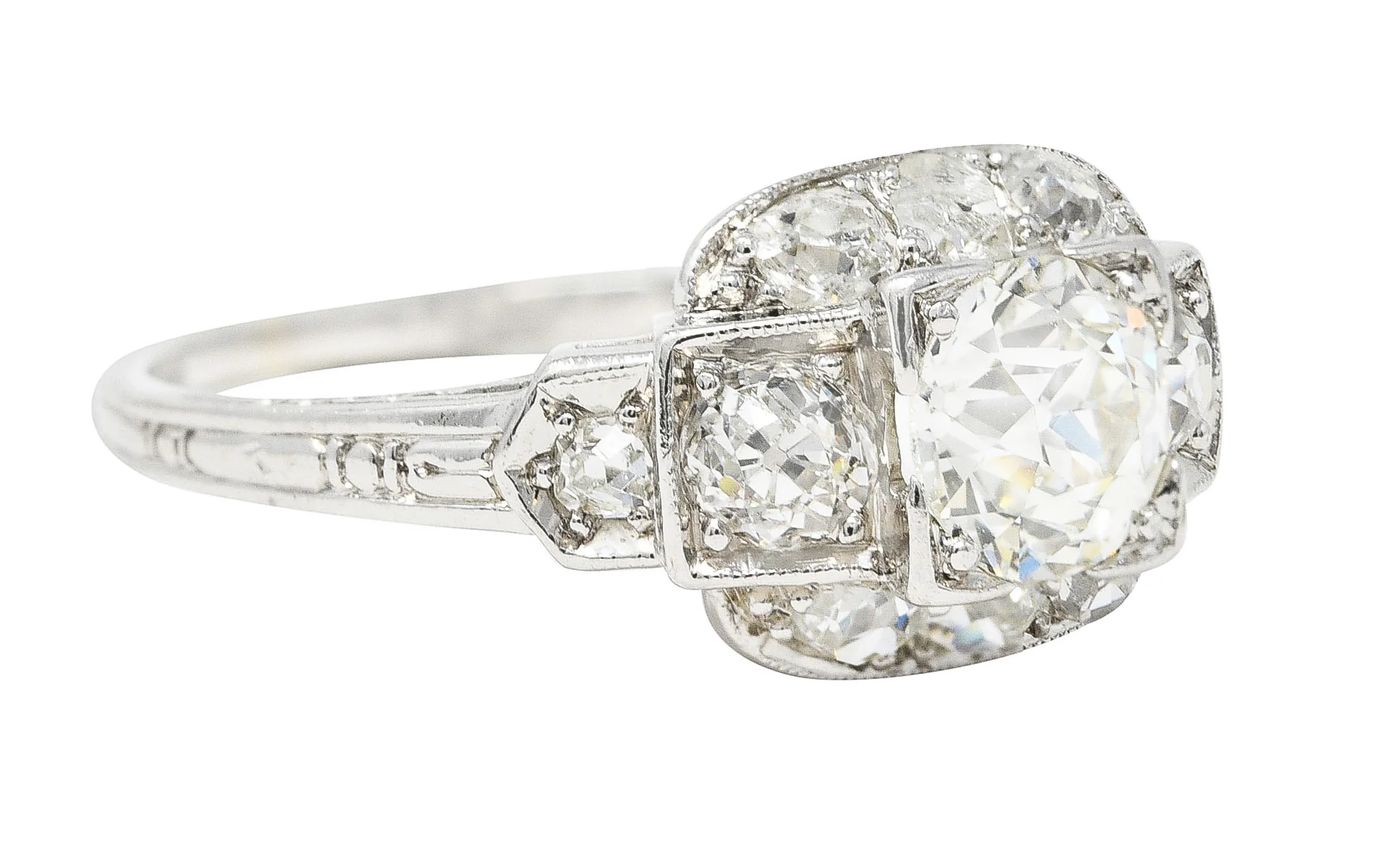 Art Deco 1.44 CTW Old European Diamond Platinum Stepped Engagement Ring - Image 2