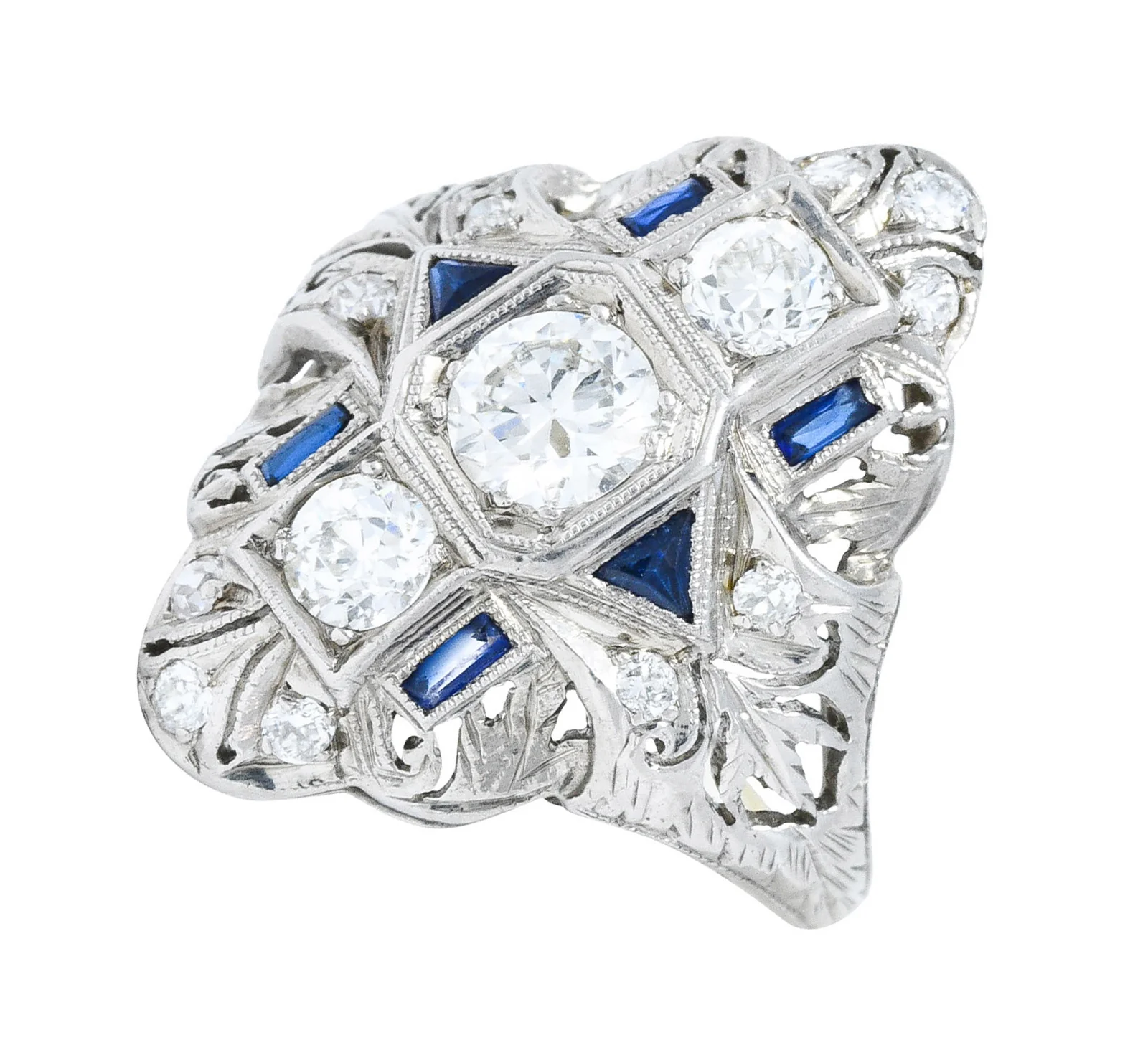 Art Deco 1.45 CTW Diamond Sapphire Platinum Dinner Ring - Image 7