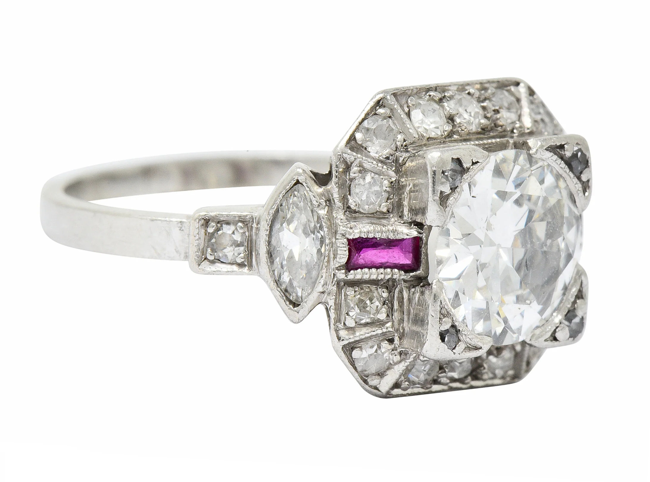 Art Deco 1.46 CTW Diamond Ruby Platinum Engagement Ring - Image 3