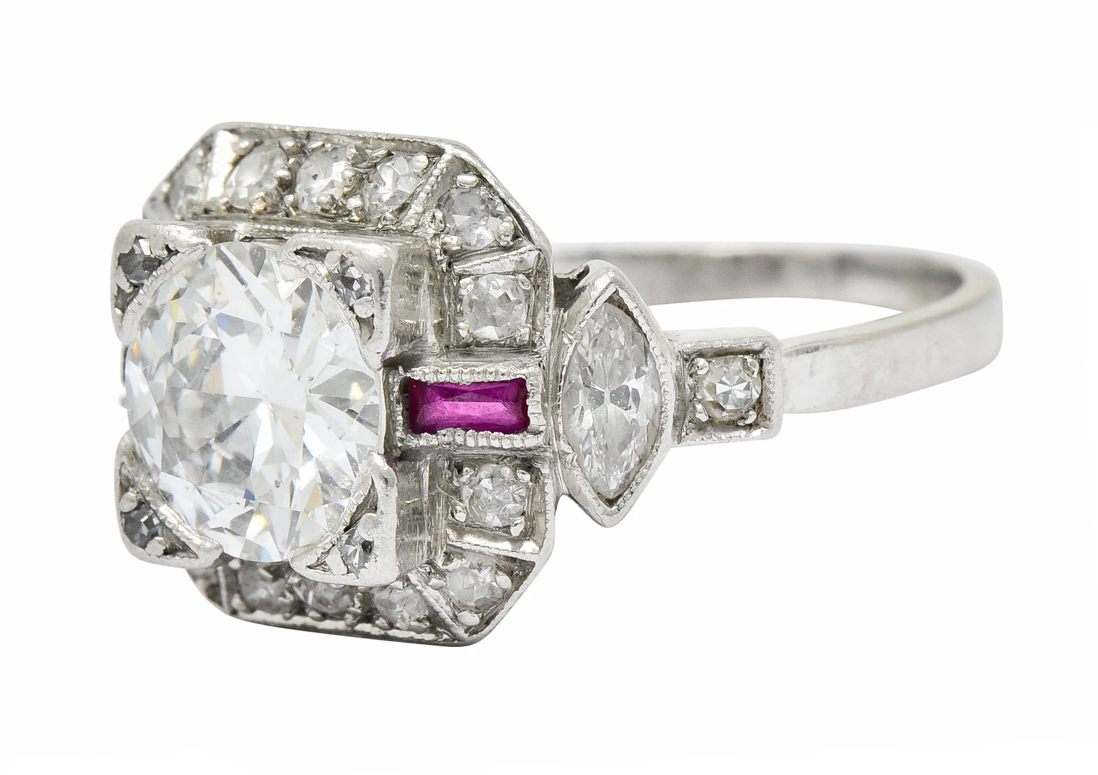 Art Deco 1.46 CTW Diamond Ruby Platinum Engagement Ring - Image 9