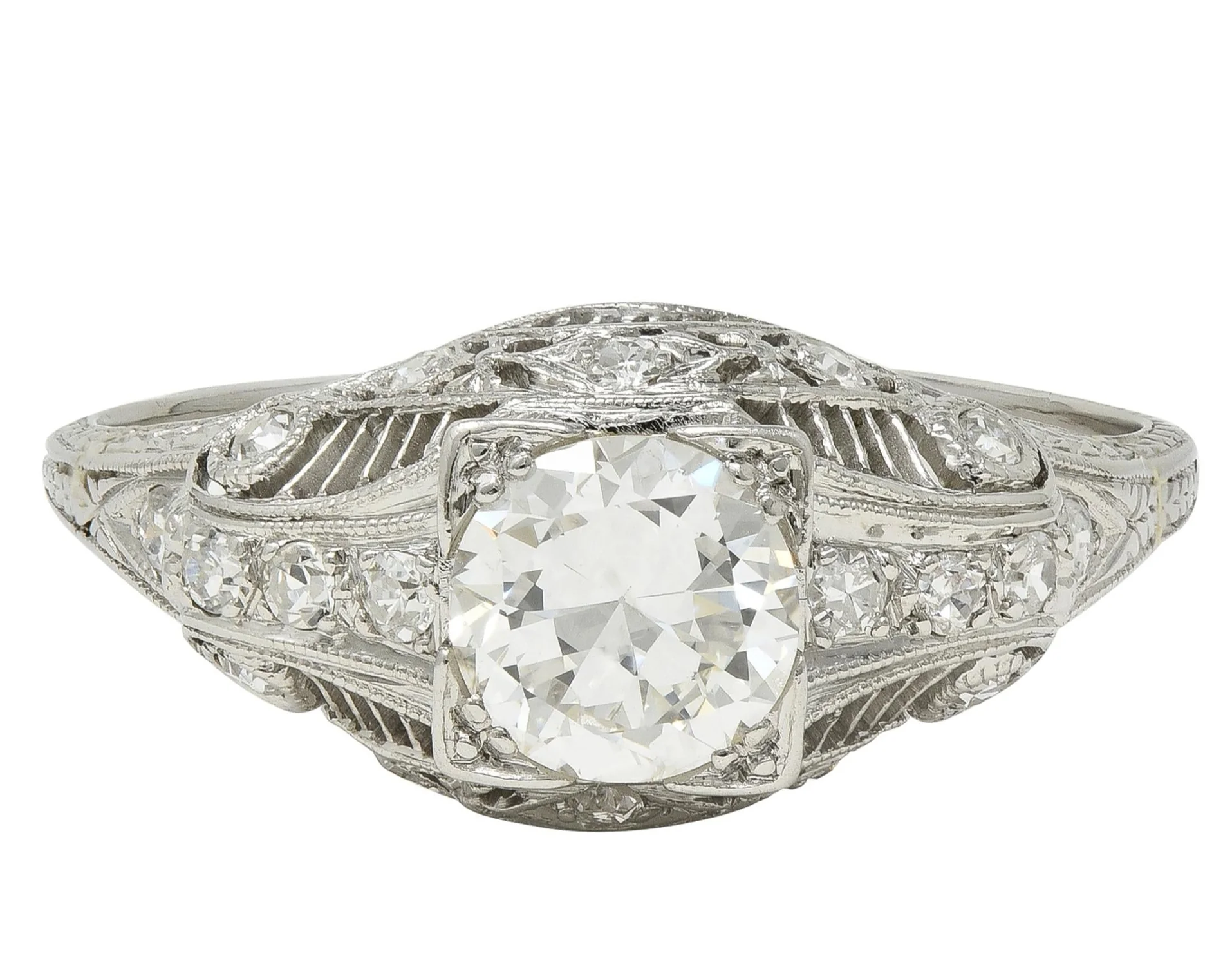 Art Deco 1.46 CTW Old European Diamond Platinum Vintage Bombé Wheat Engagement Ring
