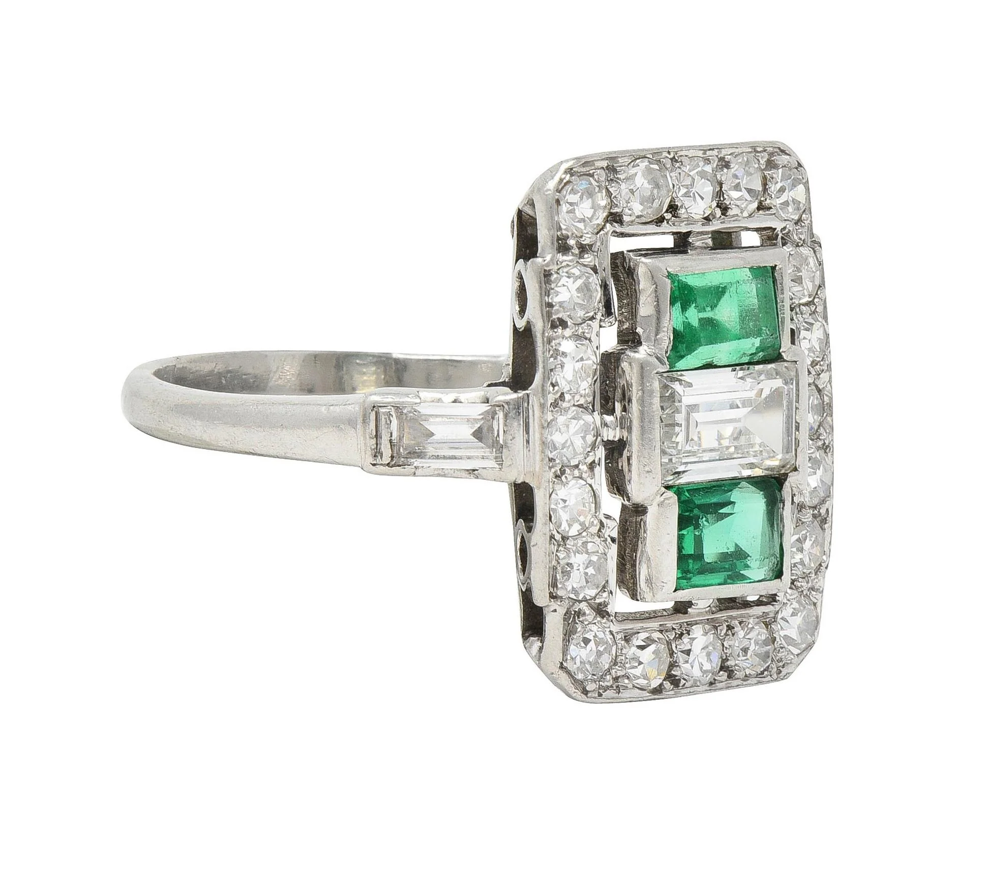 Art Deco 1.50 CTW Emerald Diamond Platinum Vintage Cluster Dinner Ring - Image 2