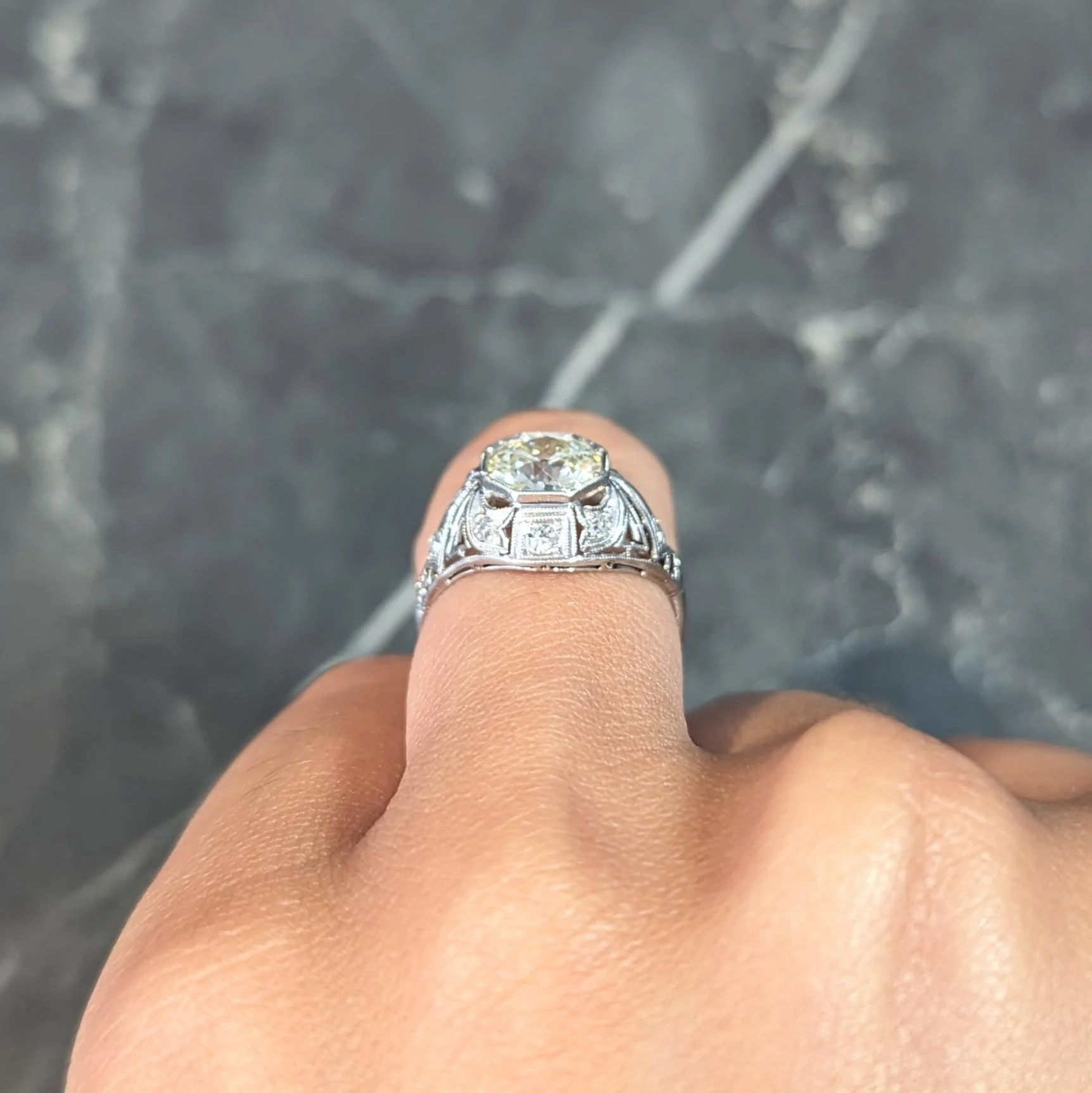 Art Deco 1.50 CTW Old European Diamond Platinum Greek Key Ivy Vintage Engagement Ring - Image 13