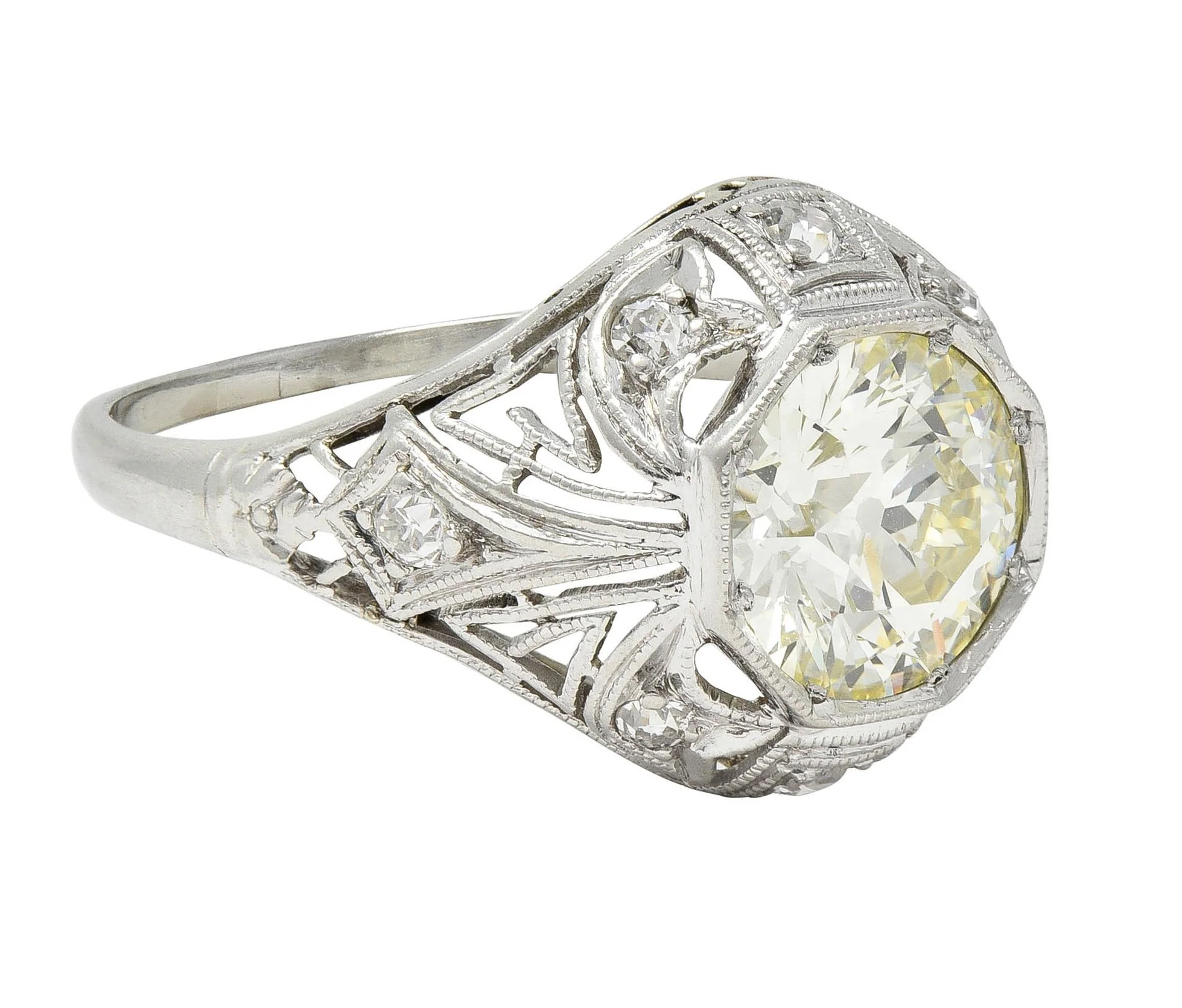 Art Deco 1.50 CTW Old European Diamond Platinum Greek Key Ivy Vintage Engagement Ring - Image 2