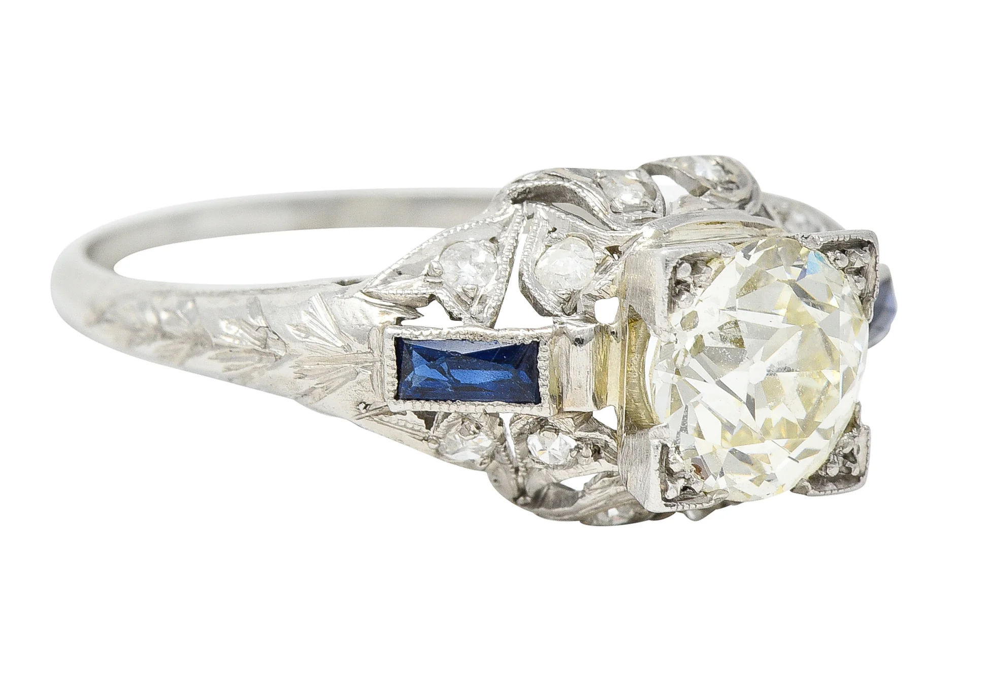 Art Deco 1.51 CTW Old European Cut Diamond Sapphire Platinum Ivy Square Form Engagement Ring - Image 2