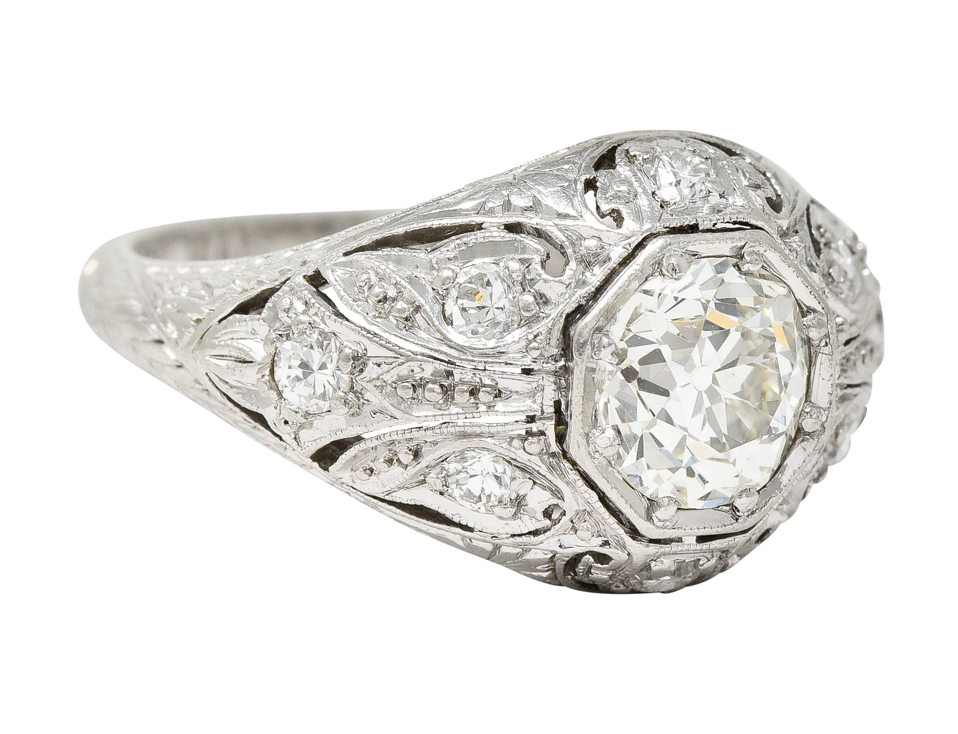 Art Deco 1.53 CTW Old European Cut Diamond Platinum Scrolling Foliate Bombay Vintage Engagement Ring - Image 3