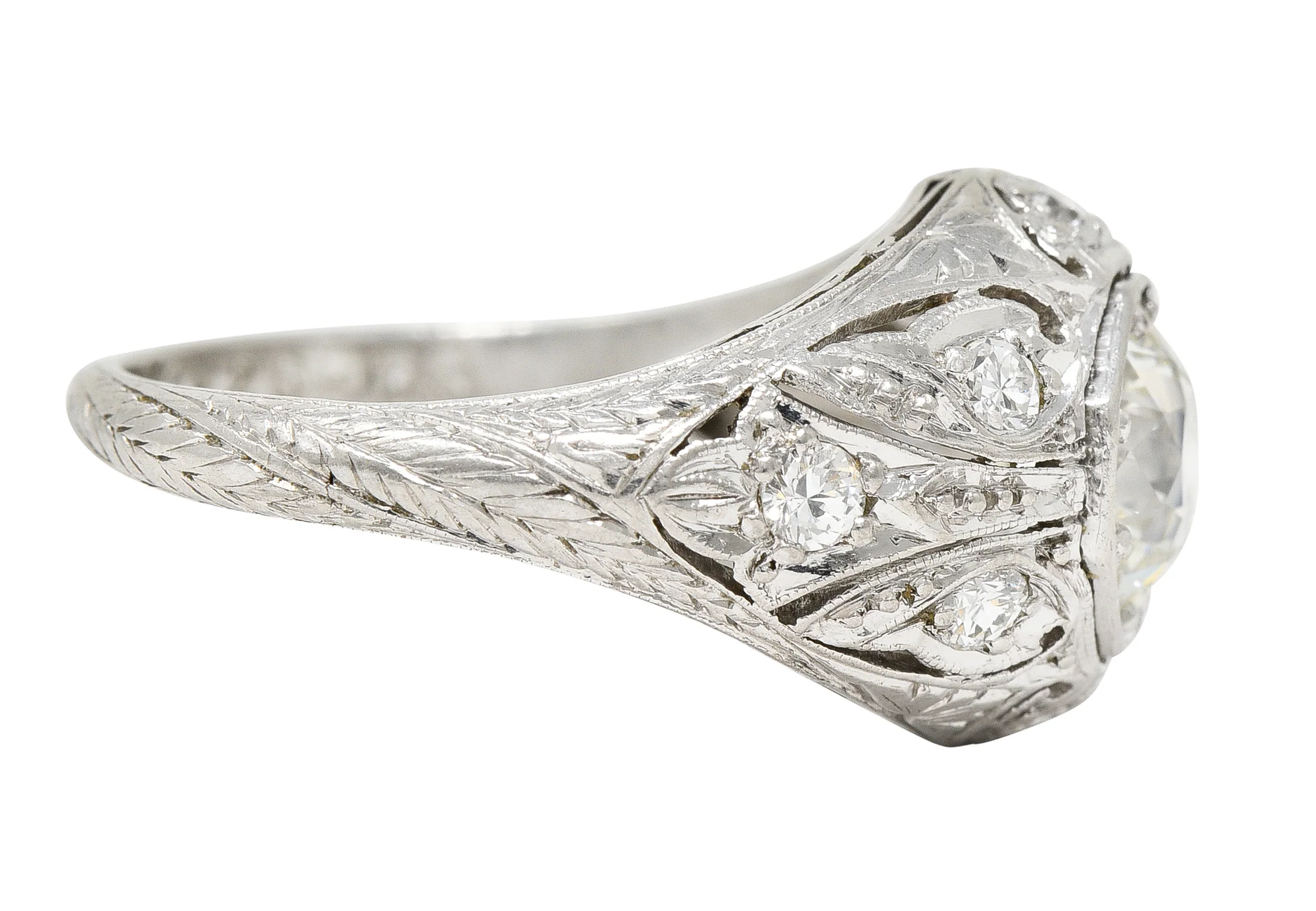 Art Deco 1.53 CTW Old European Cut Diamond Platinum Scrolling Foliate Bombay Vintage Engagement Ring - Image 4