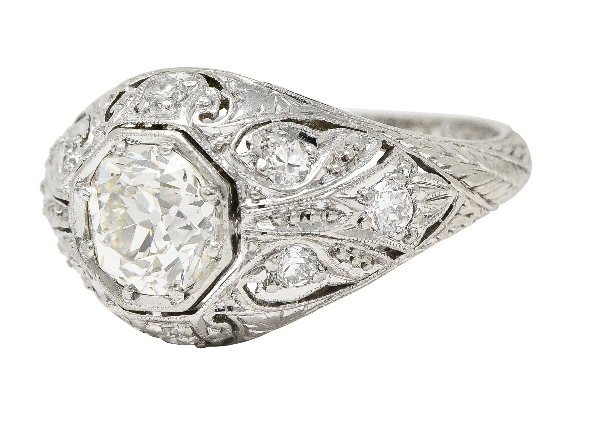 Art Deco 1.53 CTW Old European Cut Diamond Platinum Scrolling Foliate Bombay Vintage Engagement Ring - Image 7