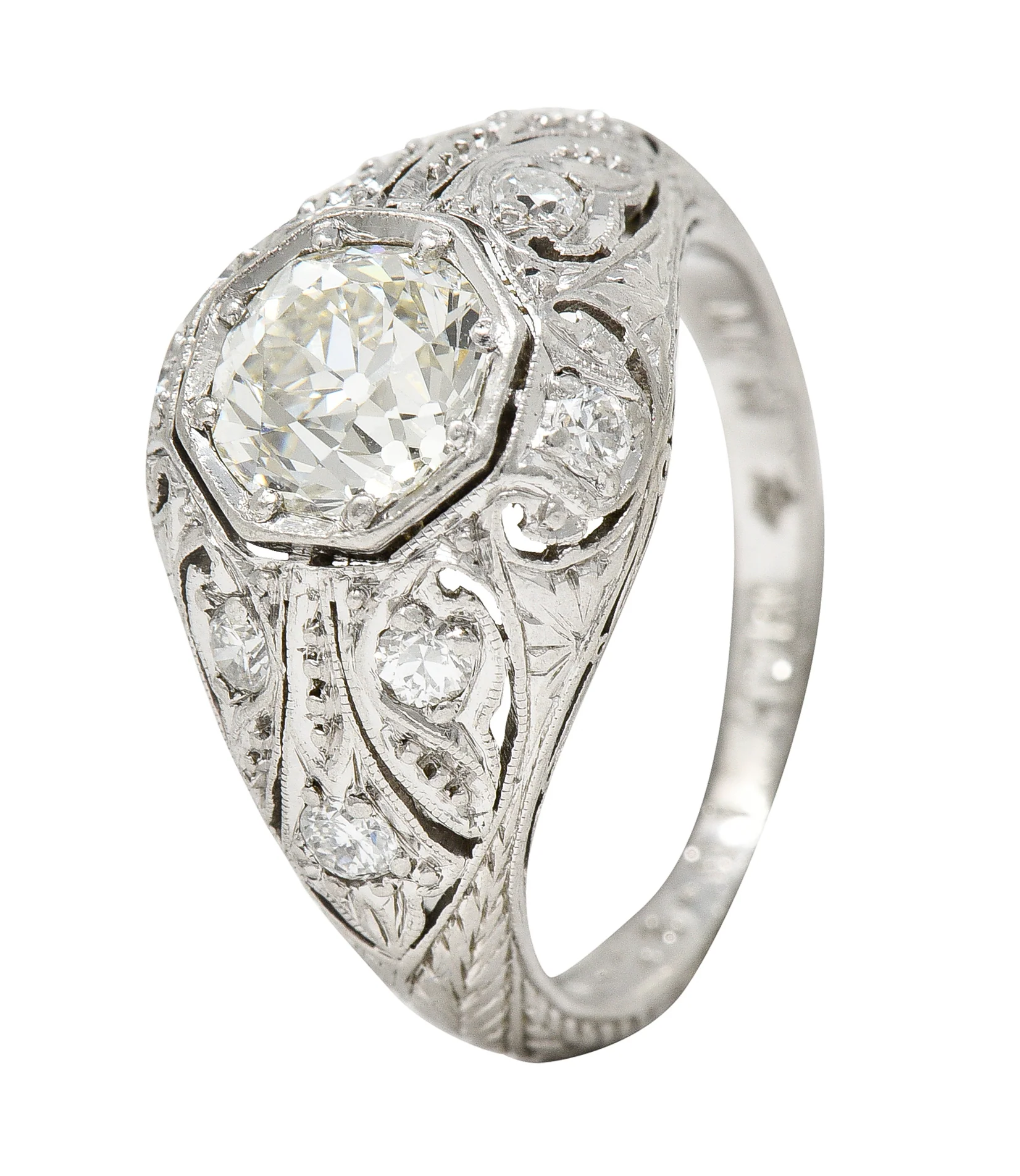 Art Deco 1.53 CTW Old European Cut Diamond Platinum Scrolling Foliate Bombay Vintage Engagement Ring - Image 9