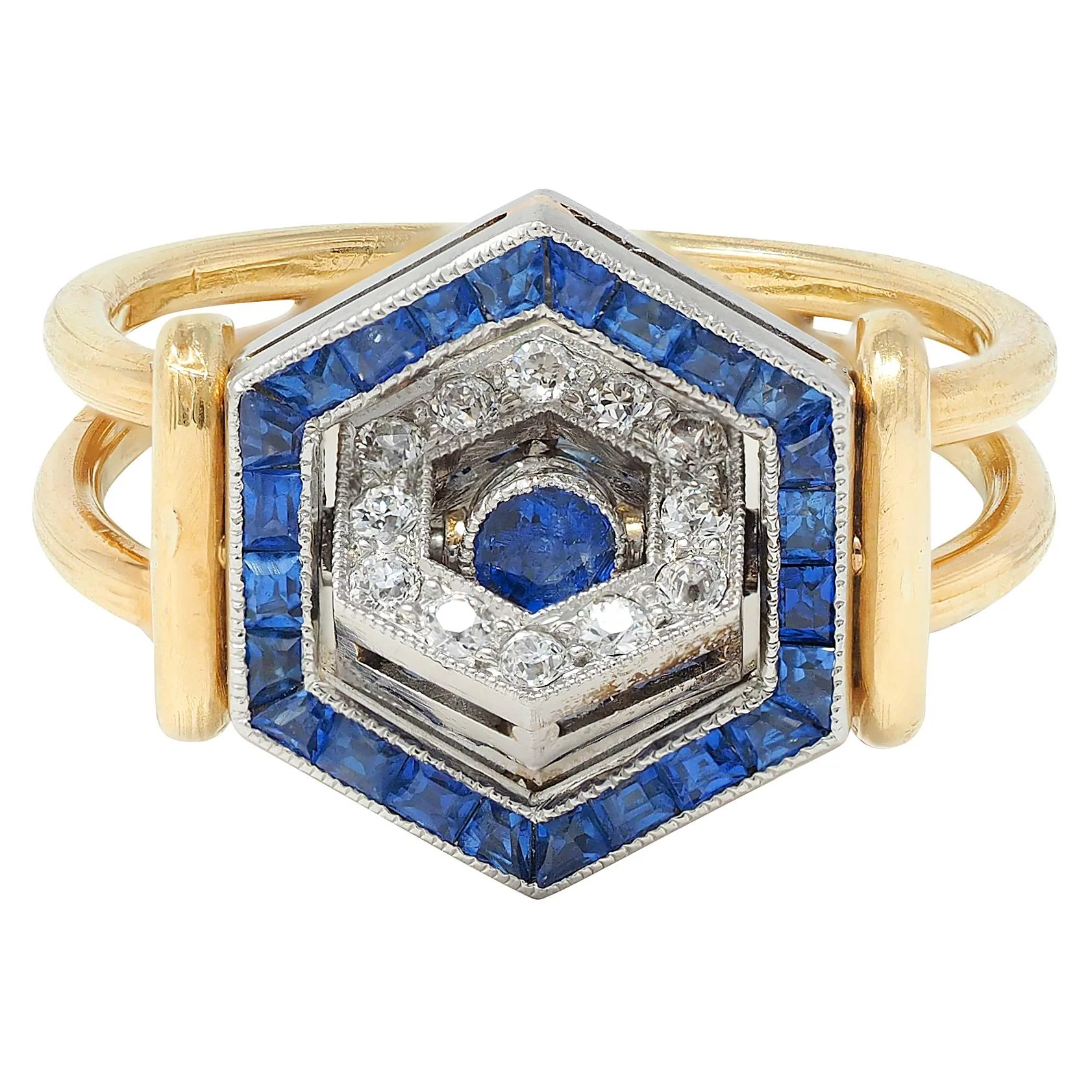 Art Deco Sapphire Diamond Platinum 18 Karat Yellow Gold Vintage Flip Ring - Image 3