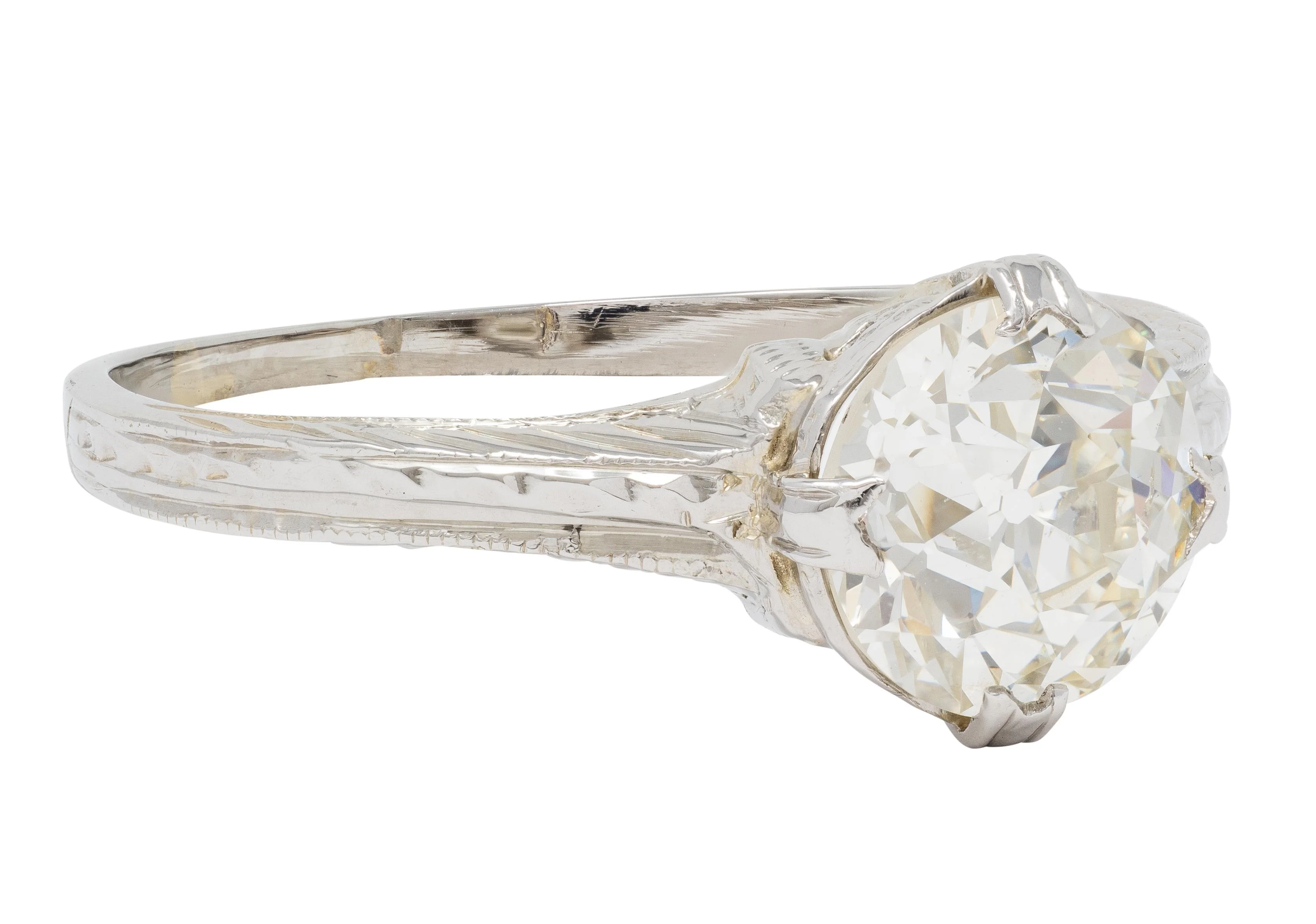 Art Deco 1.60 CTW Old European Cut Diamond 18 Karat White Gold Antique Fanning Engagement Ring - Image 2