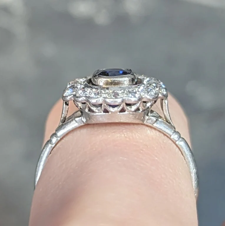 Art Deco 1.62 CTW Sapphire Diamond Platinum Floating Halo Ring - Image 13