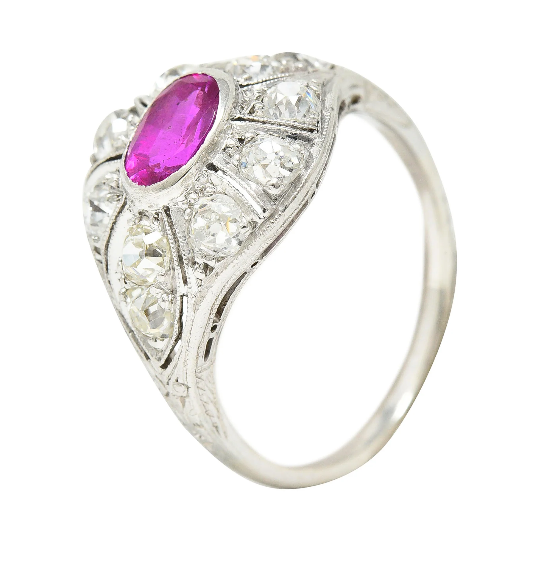 Art Deco 1.66 CTW Oval Cut Ruby Diamond 18 Karat White Gold Bombay Dinner Ring - Image 9