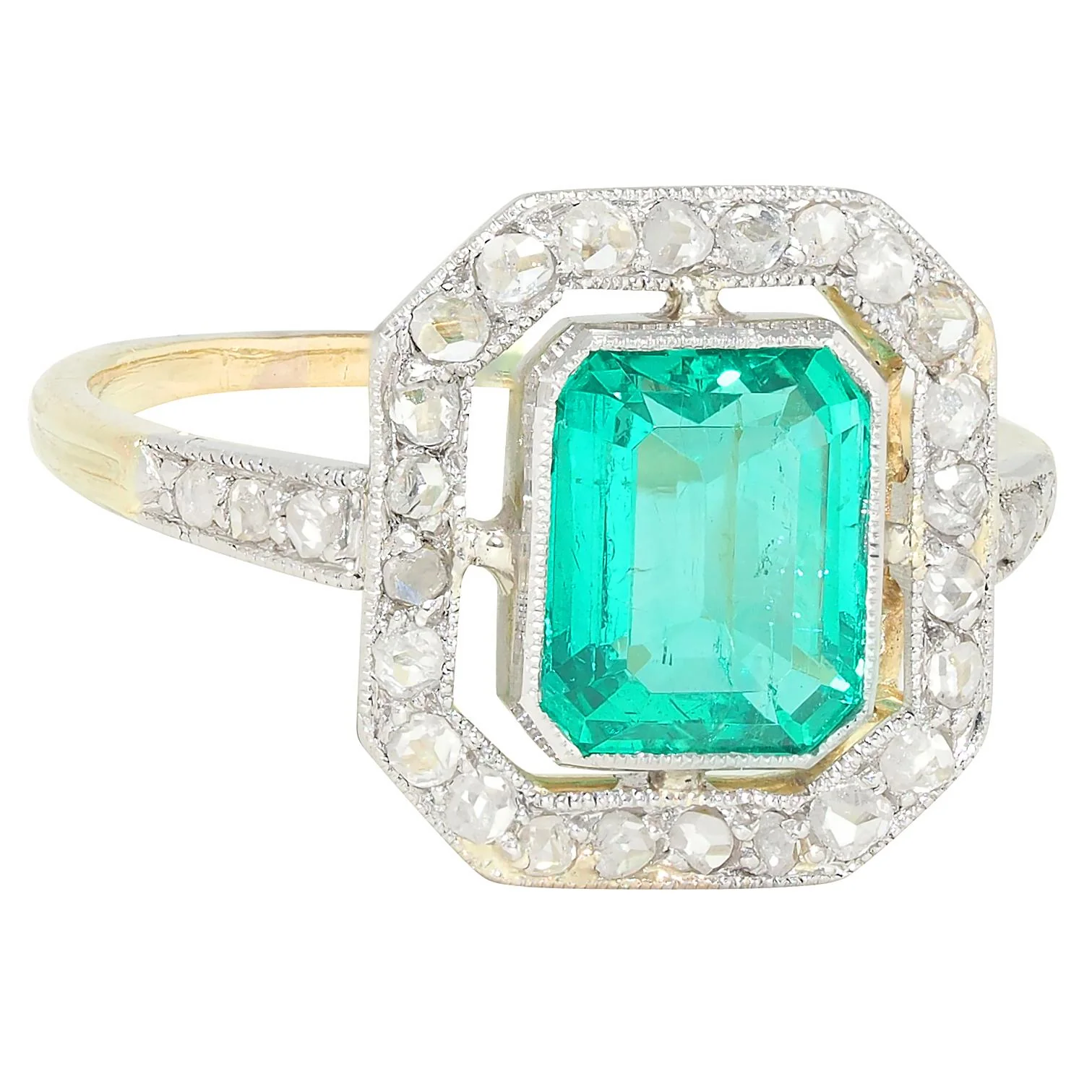Art Deco 1.67 CTW Colombian Emerald Diamond Platinum 18 Karat Yellow Gold Antique Halo Ring GIA - Image 2