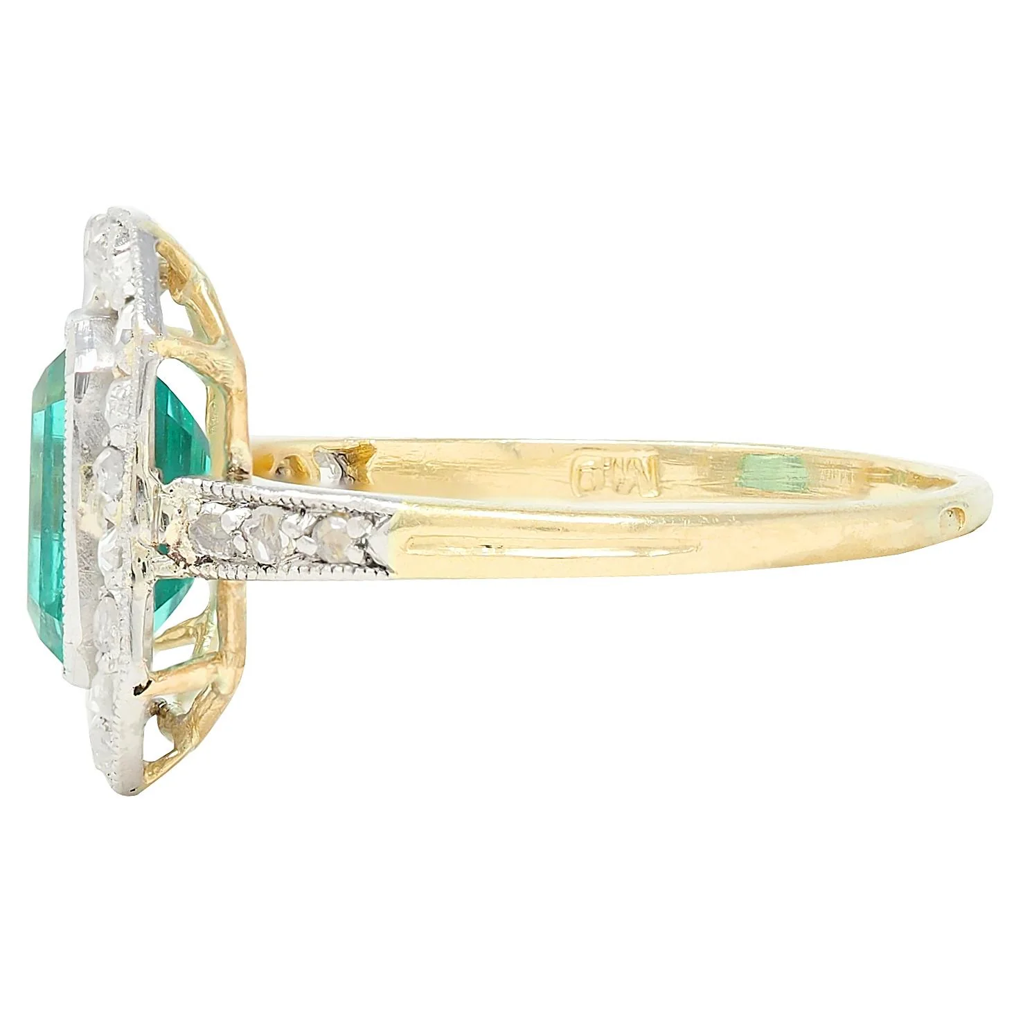 Art Deco 1.67 CTW Colombian Emerald Diamond Platinum 18 Karat Yellow Gold Antique Halo Ring GIA - Image 4