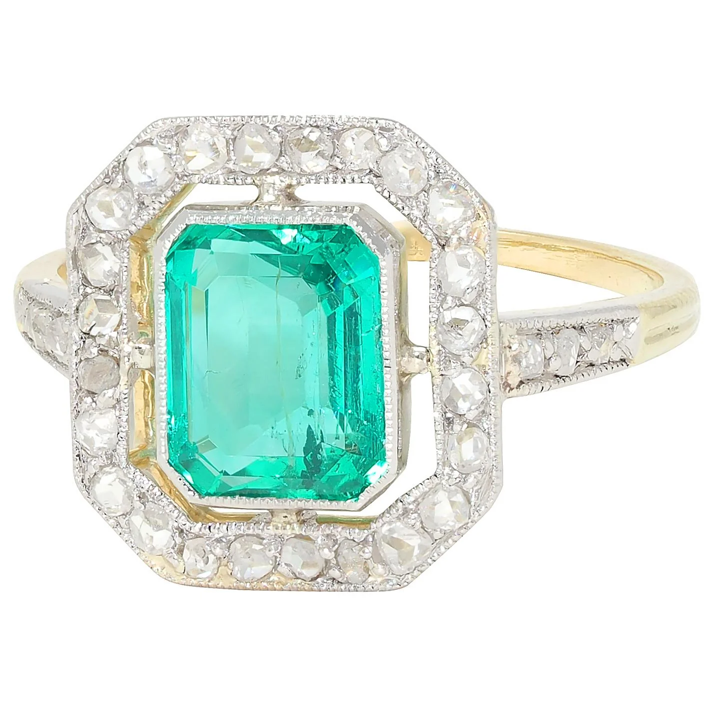 Art Deco 1.67 CTW Colombian Emerald Diamond Platinum 18 Karat Yellow Gold Antique Halo Ring GIA - Image 5