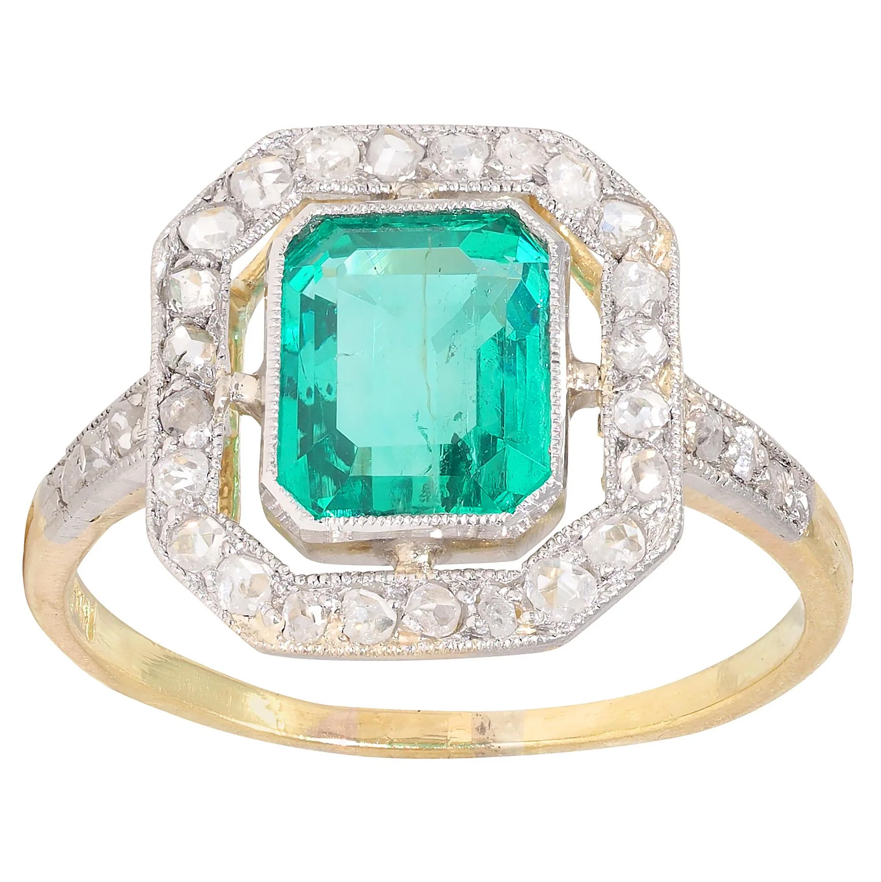 Art Deco 1.67 CTW Colombian Emerald Diamond Platinum 18 Karat Yellow Gold Antique Halo Ring GIA - Image 6