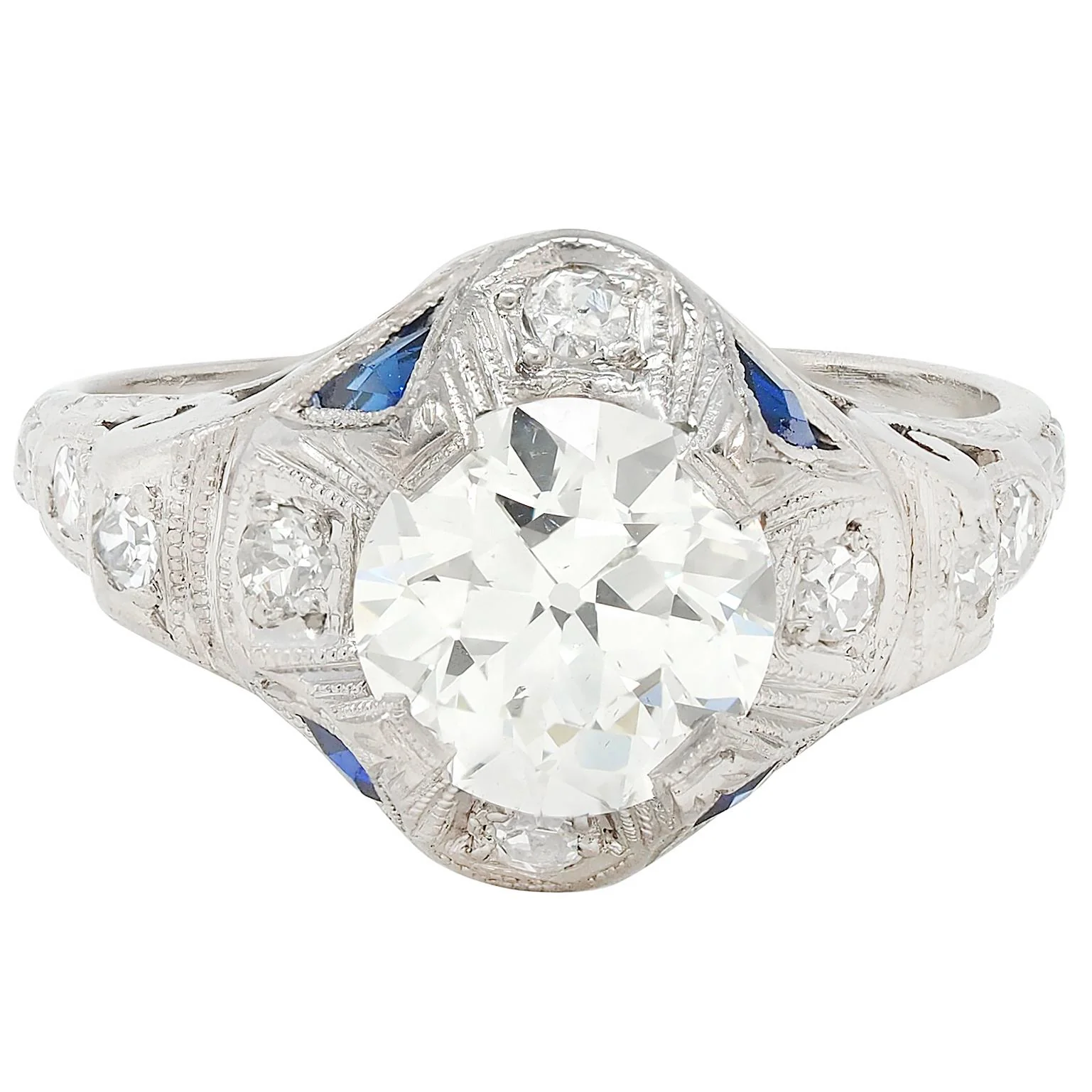 Art Deco 1.72 CTW Old European Cut Diamond Platinum Scrolling Vintage Engagement Ring GIA