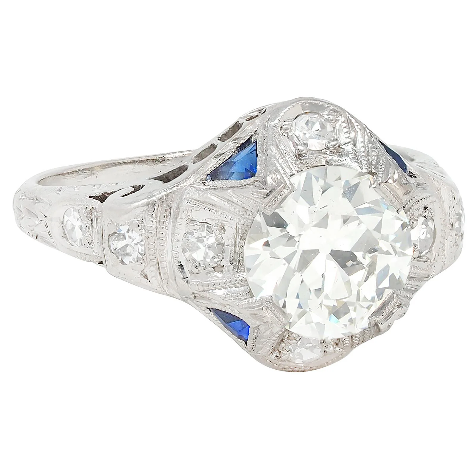 Art Deco 1.72 CTW Old European Cut Diamond Platinum Scrolling Vintage Engagement Ring GIA - Image 2
