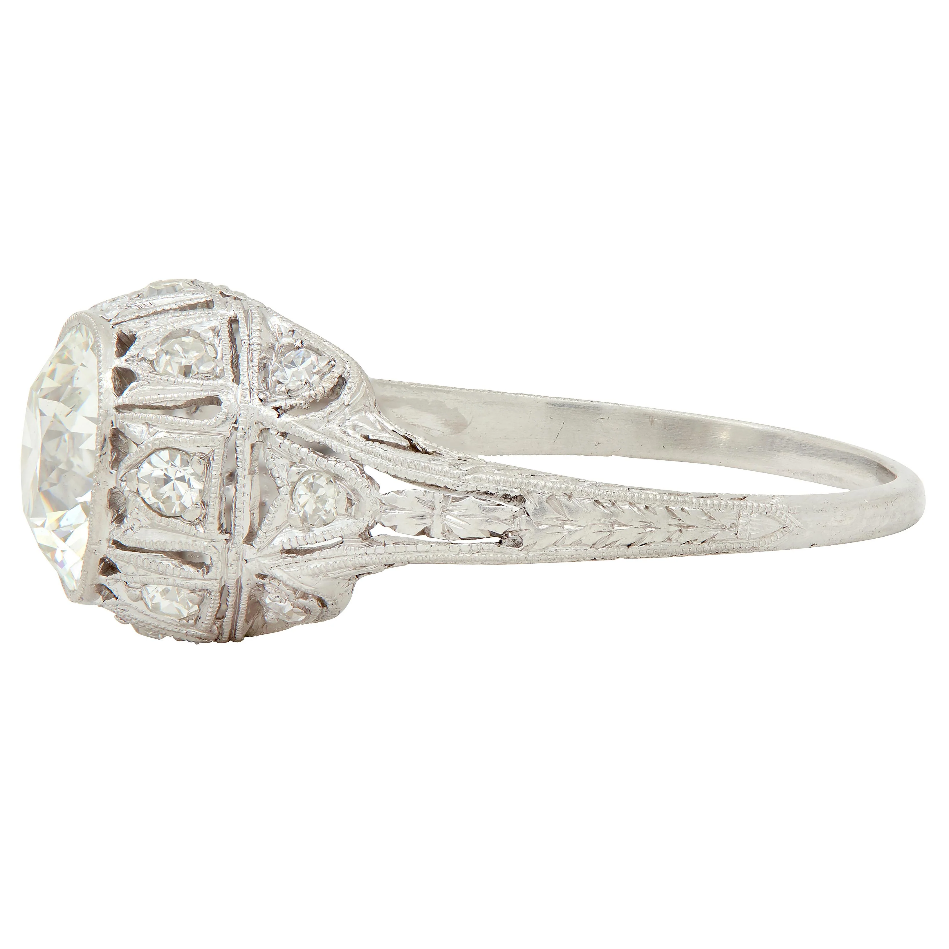 Art Deco 1.72 CTW Old European Cut Diamond Platinum Tulip Vintage Engagement Ring - Image 5