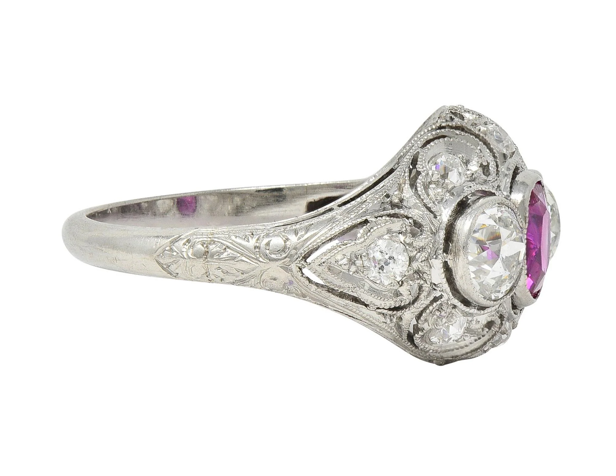Art Deco 1.75 CTW No Heat Burma Ruby Diamond Platinum Vintage Lotus Bombé Ring GIA - Image 4