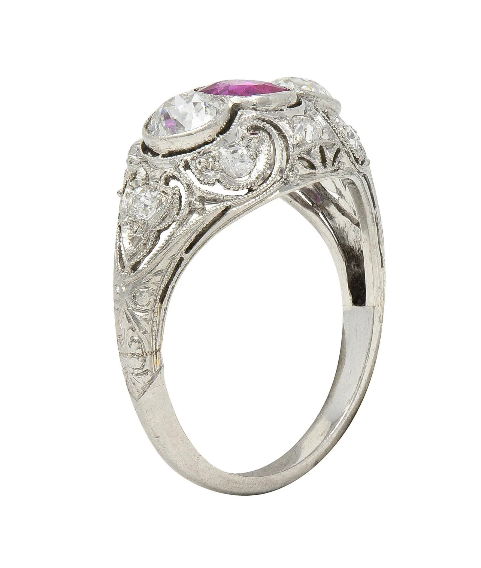 Art Deco 1.75 CTW No Heat Burma Ruby Diamond Platinum Vintage Lotus Bombé Ring GIA - Image 9