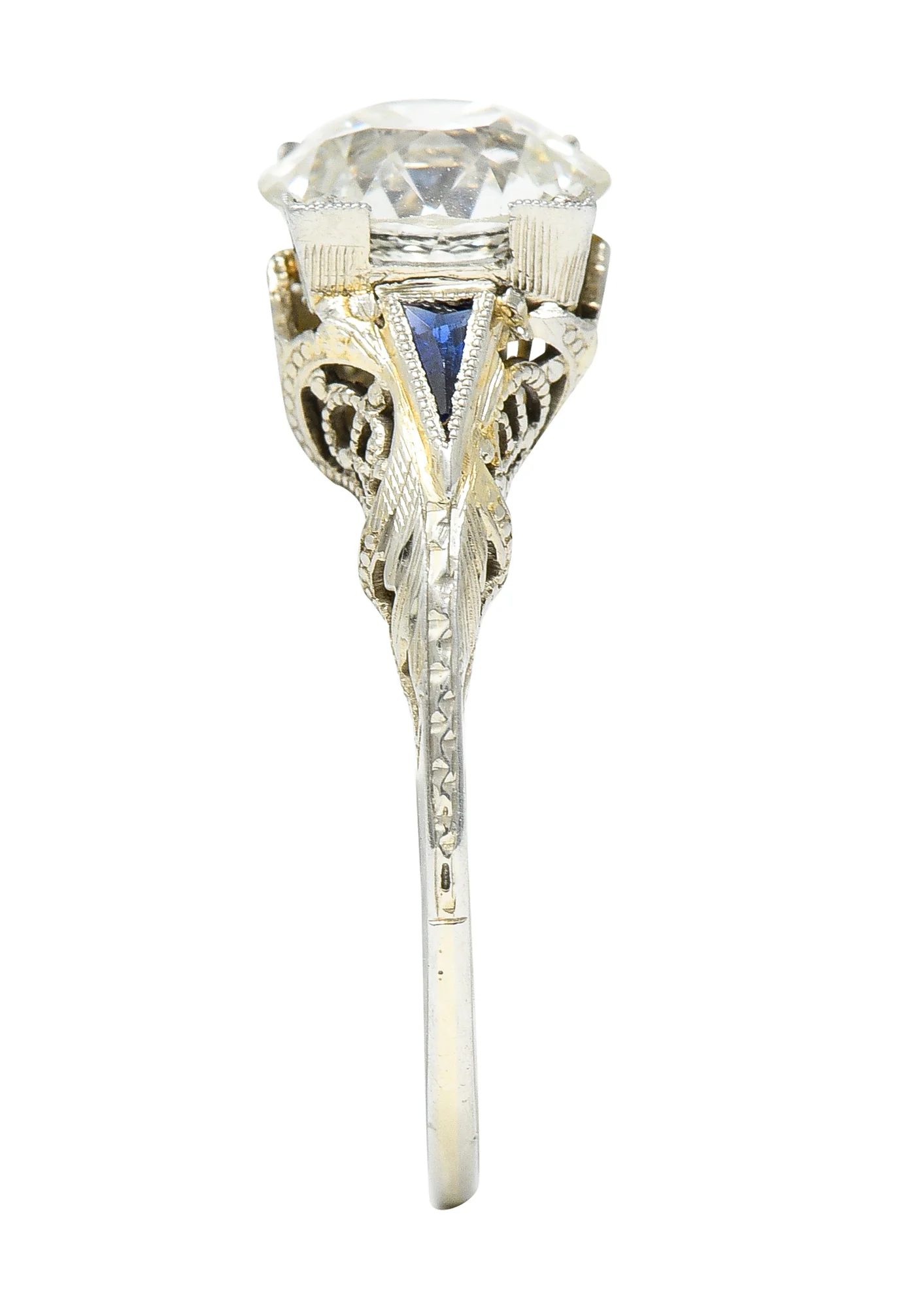 Art Deco 1.76 CTW Old European Cut Diamond Sapphire 18 Karat White Gold Filigree Engagement Ring - Image 10