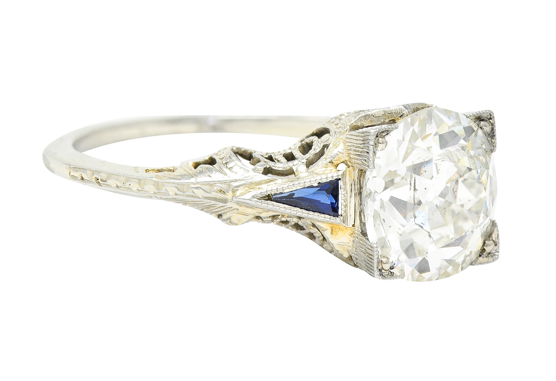 Art Deco 1.76 CTW Old European Cut Diamond Sapphire 18 Karat White Gold Filigree Engagement Ring - Image 3