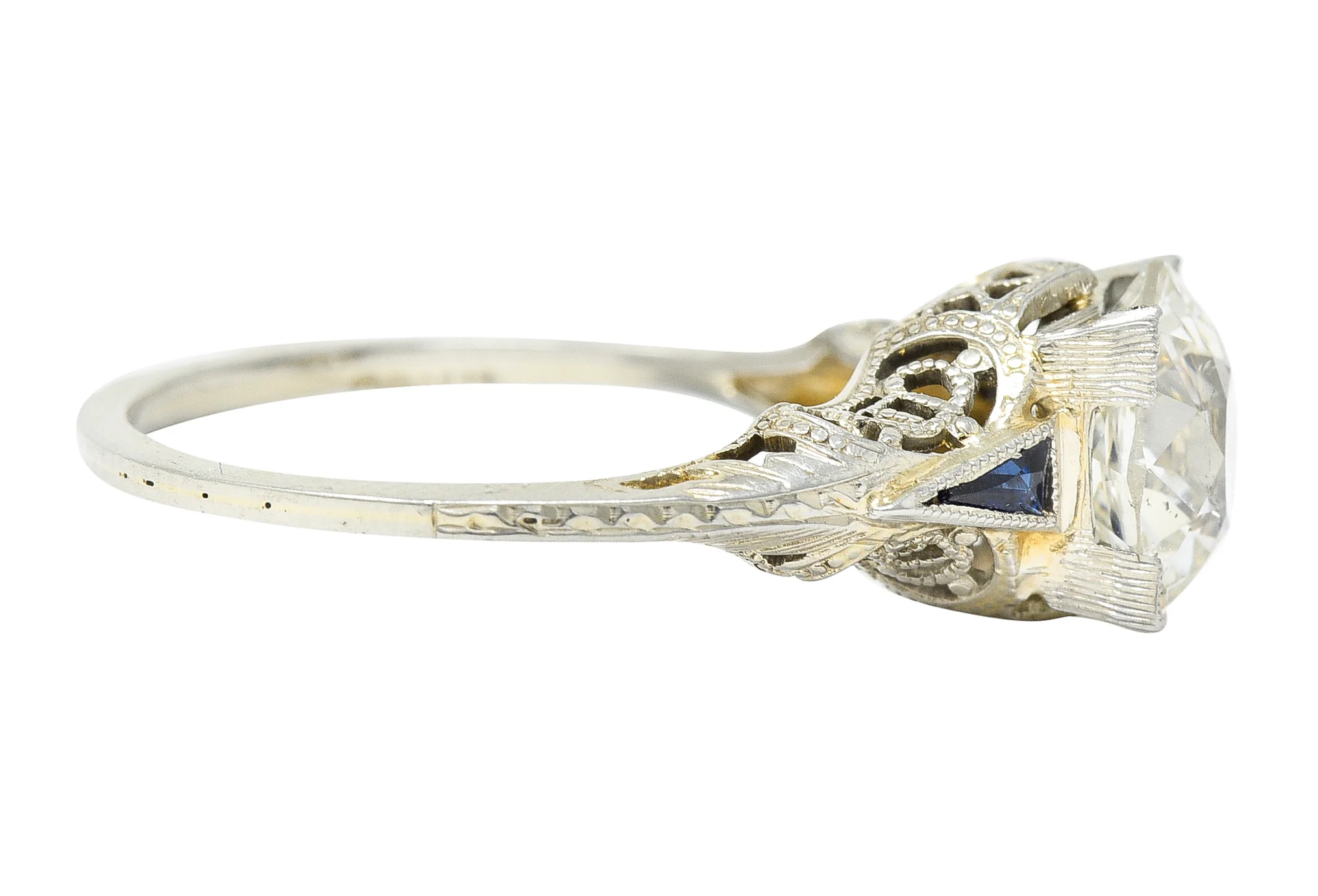 Art Deco 1.76 CTW Old European Cut Diamond Sapphire 18 Karat White Gold Filigree Engagement Ring - Image 4