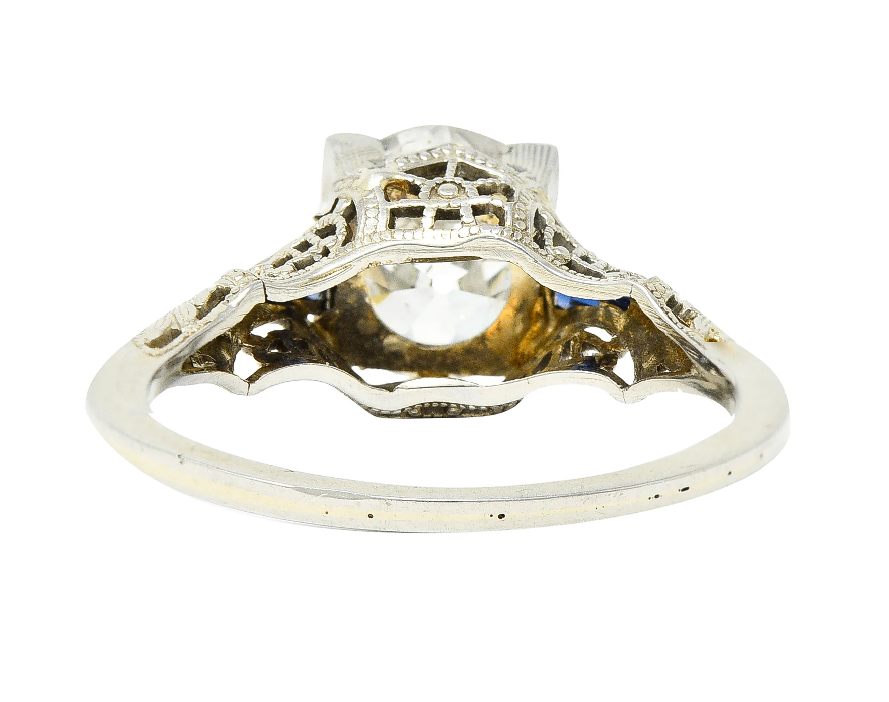 Art Deco 1.76 CTW Old European Cut Diamond Sapphire 18 Karat White Gold Filigree Engagement Ring - Image 5