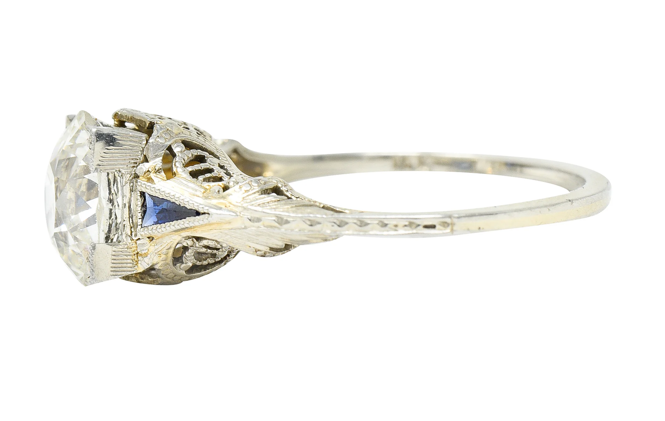 Art Deco 1.76 CTW Old European Cut Diamond Sapphire 18 Karat White Gold Filigree Engagement Ring - Image 6