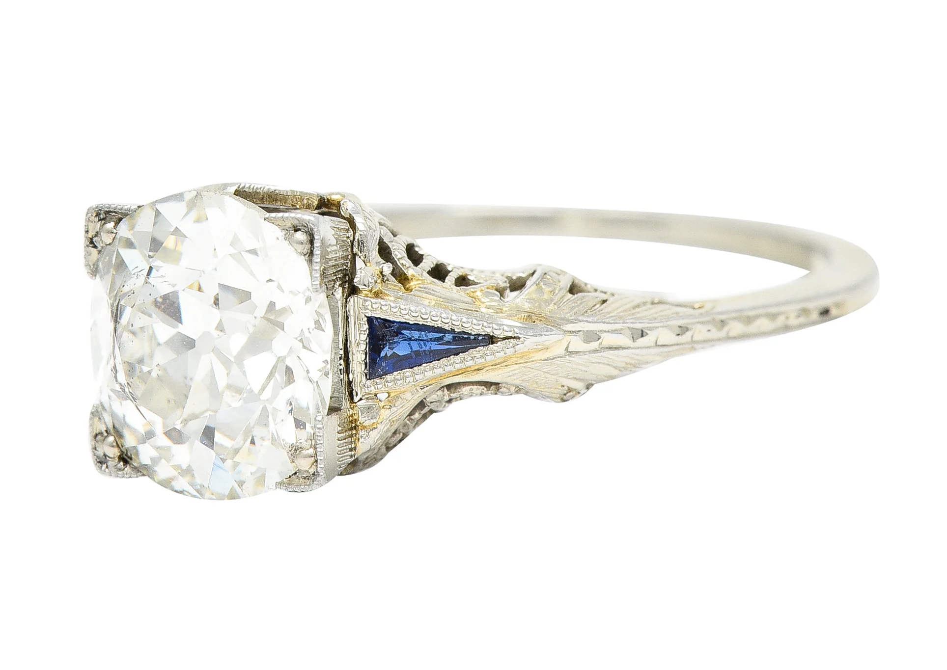 Art Deco 1.76 CTW Old European Cut Diamond Sapphire 18 Karat White Gold Filigree Engagement Ring - Image 7