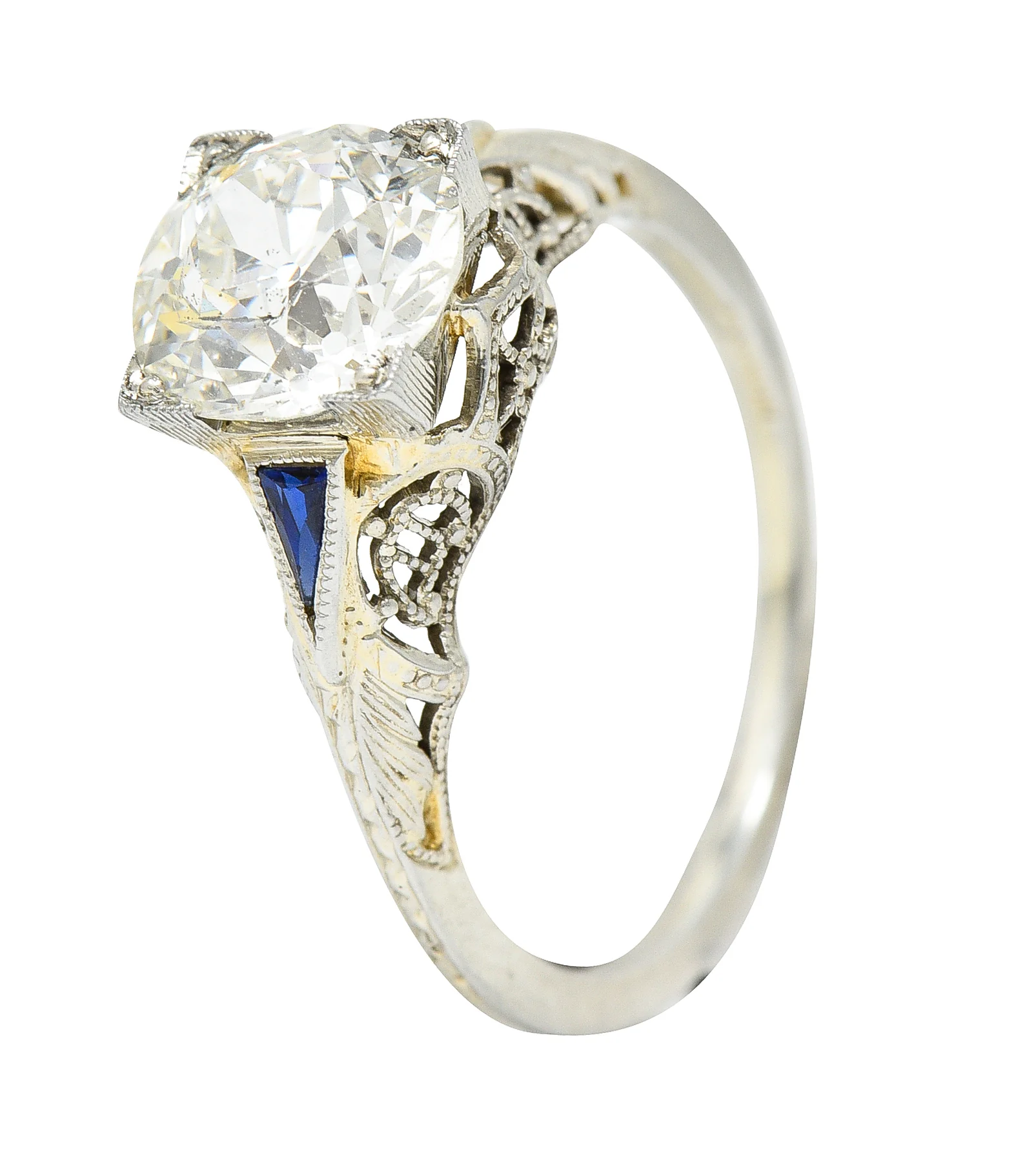 Art Deco 1.76 CTW Old European Cut Diamond Sapphire 18 Karat White Gold Filigree Engagement Ring - Image 9