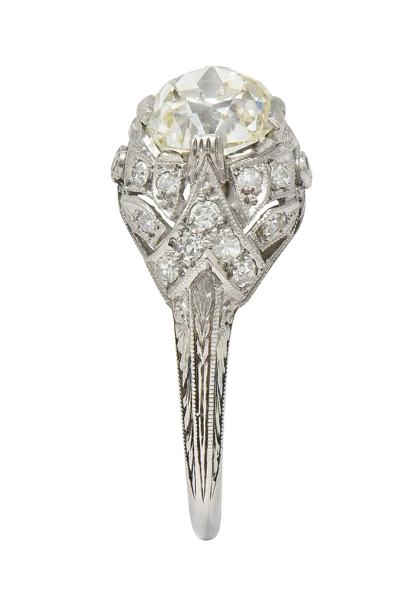 Art Deco 1.76 CTW Old Mine Diamond Platinum Foliate Bombé Vintage Engagement Ring - Image 10