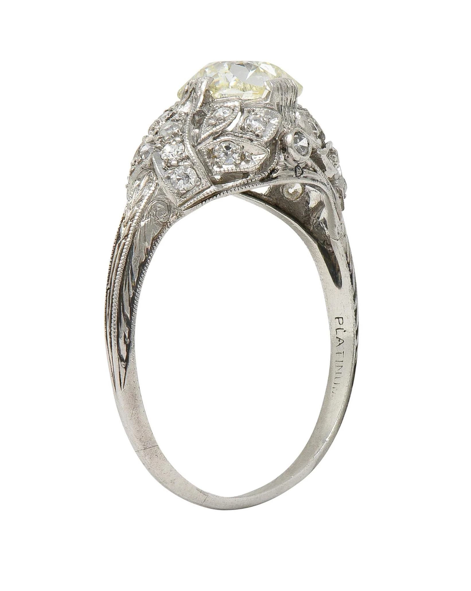 Art Deco 1.76 CTW Old Mine Diamond Platinum Foliate Bombé Vintage Engagement Ring - Image 11