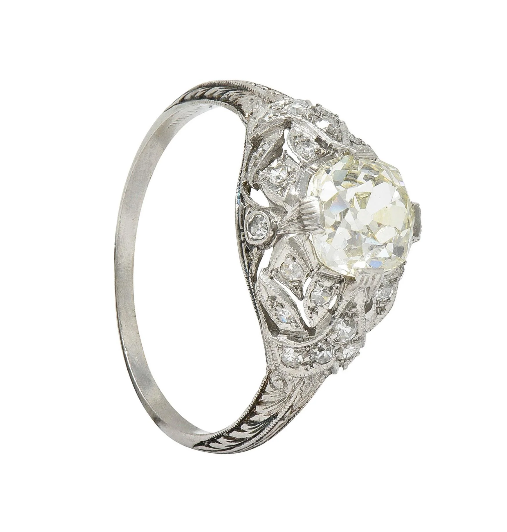 Art Deco 1.76 CTW Old Mine Diamond Platinum Foliate Bombé Vintage Engagement Ring - Image 12