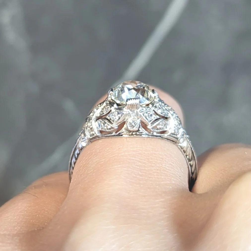 Art Deco 1.76 CTW Old Mine Diamond Platinum Foliate Bombé Vintage Engagement Ring - Image 15