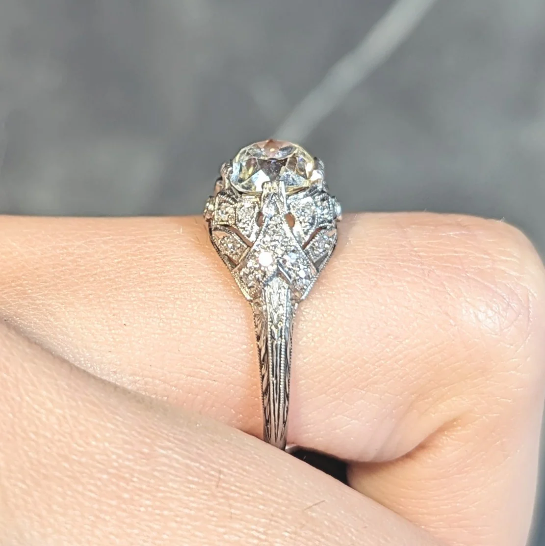Art Deco 1.76 CTW Old Mine Diamond Platinum Foliate Bombé Vintage Engagement Ring - Image 16