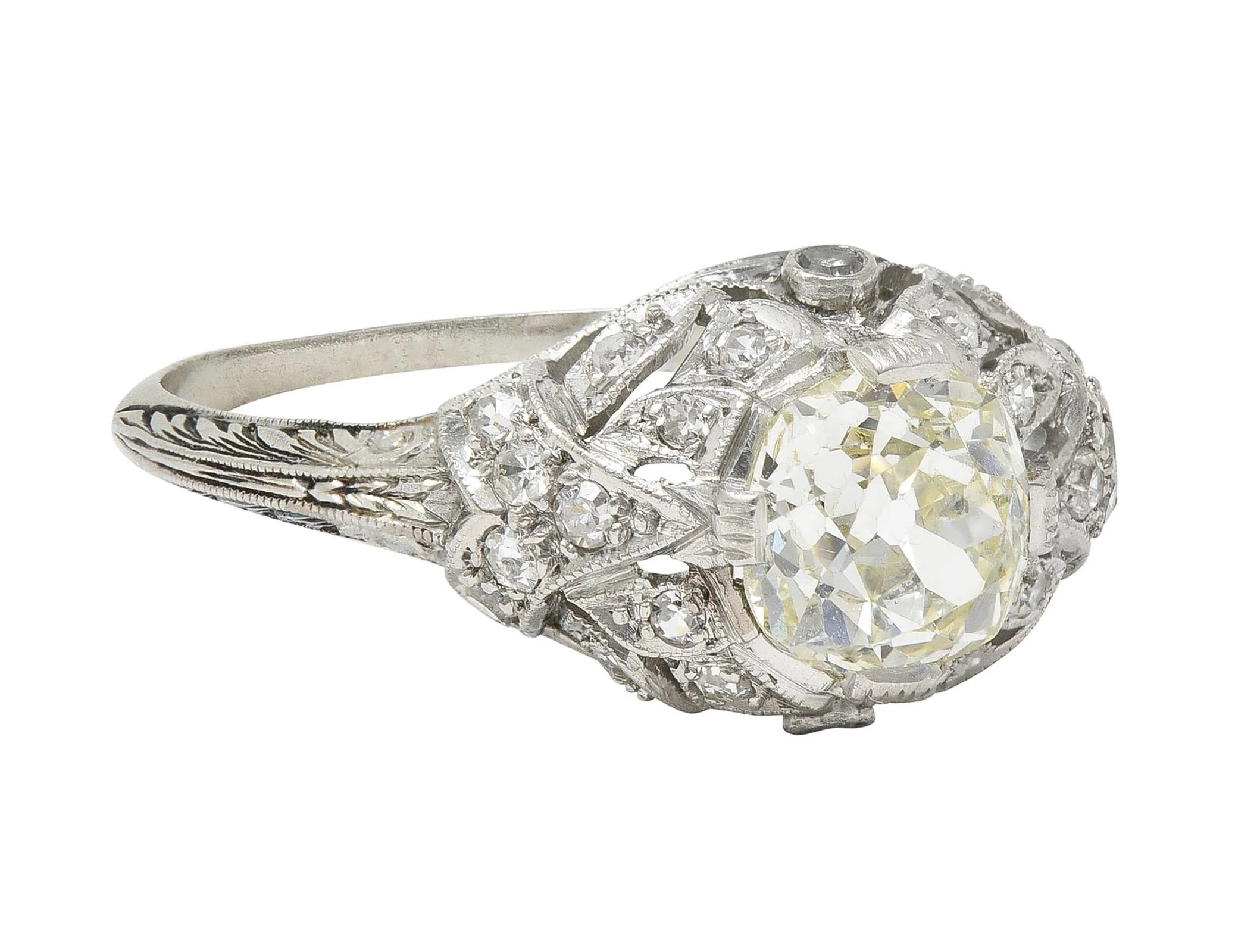 Art Deco 1.76 CTW Old Mine Diamond Platinum Foliate Bombé Vintage Engagement Ring - Image 2