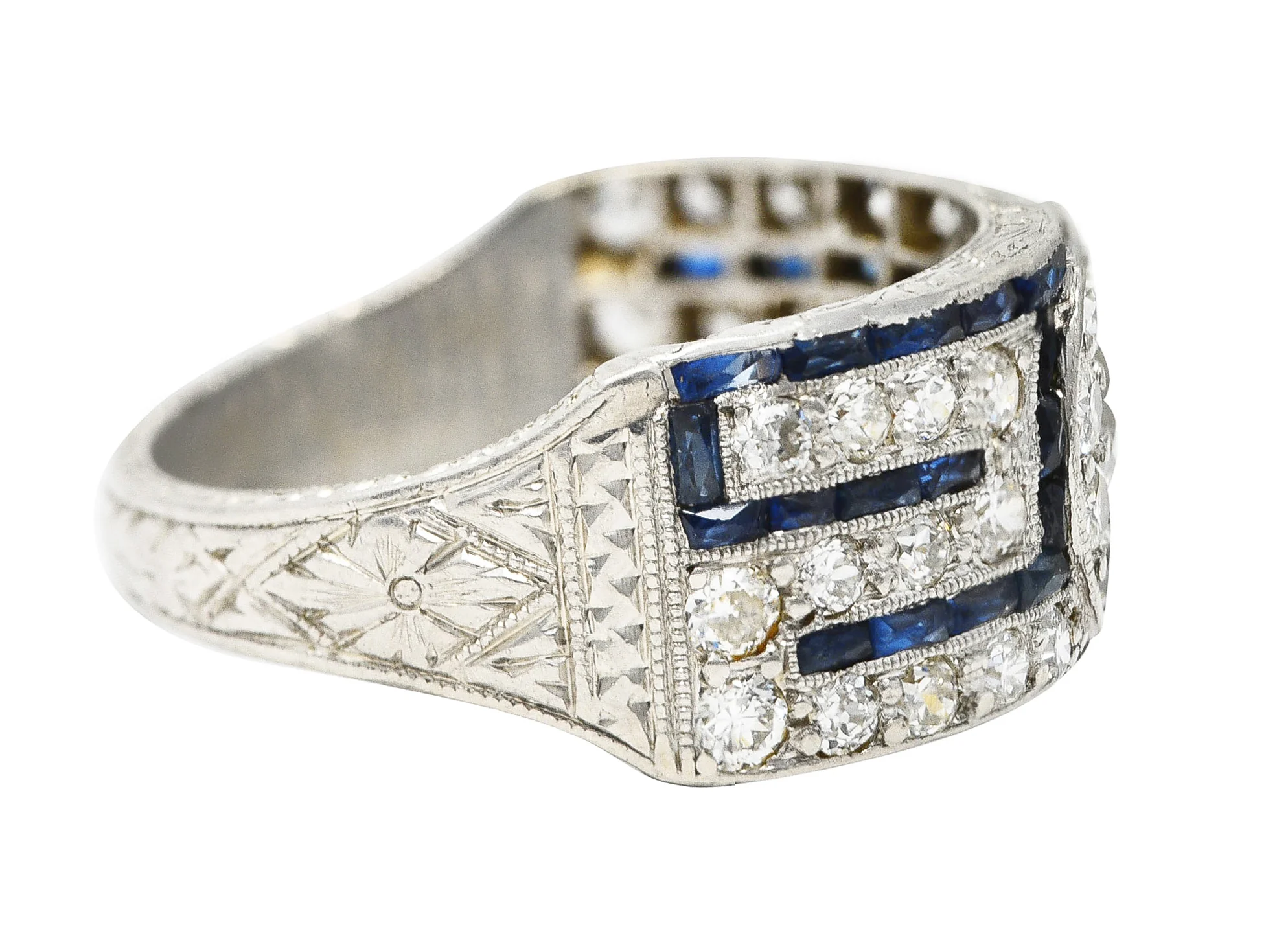 Art Deco 1.78 CTW Old European Cut Diamond Sapphire Platinum Greek Key Band Ring - Image 3