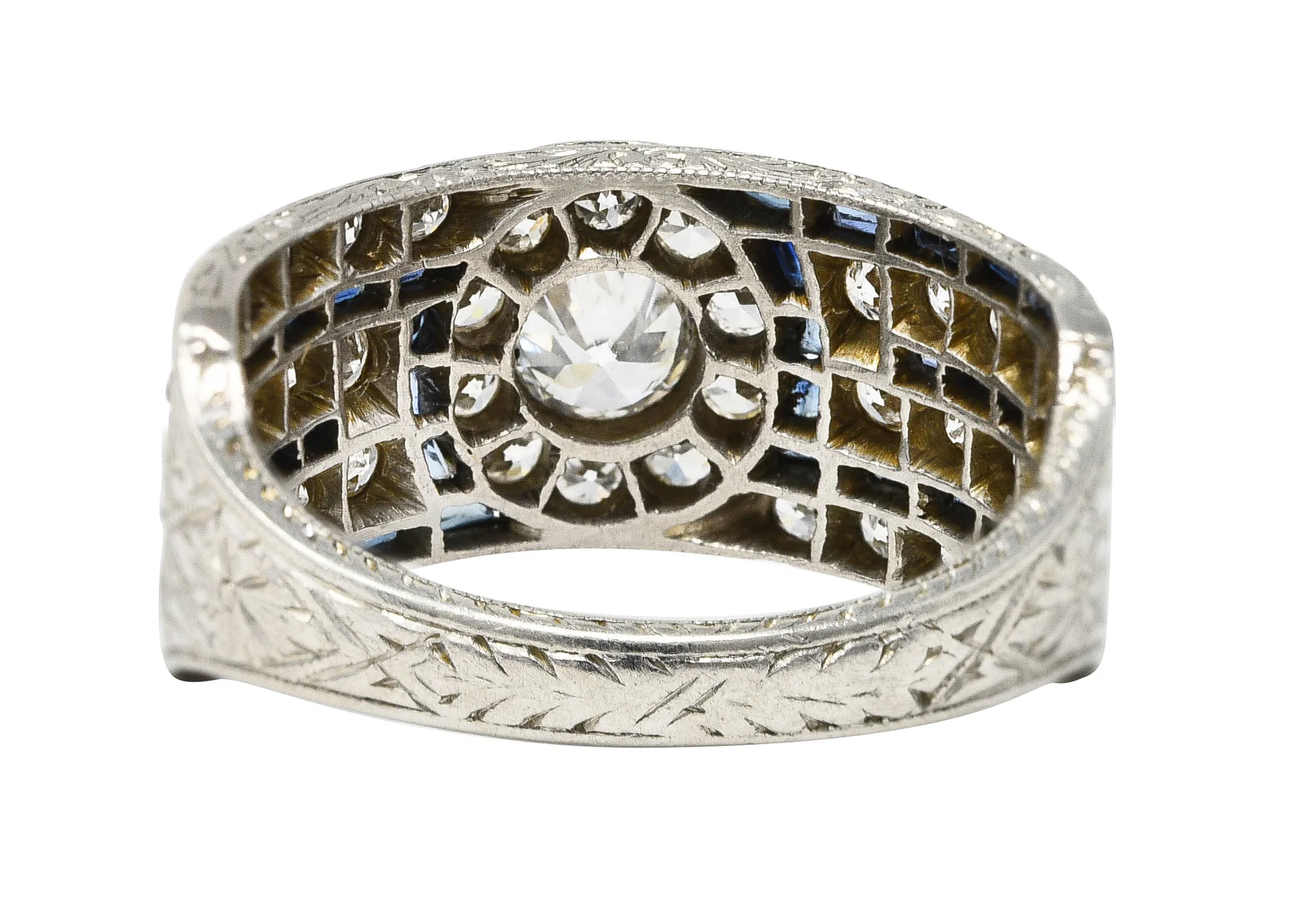 Art Deco 1.78 CTW Old European Cut Diamond Sapphire Platinum Greek Key Band Ring - Image 4