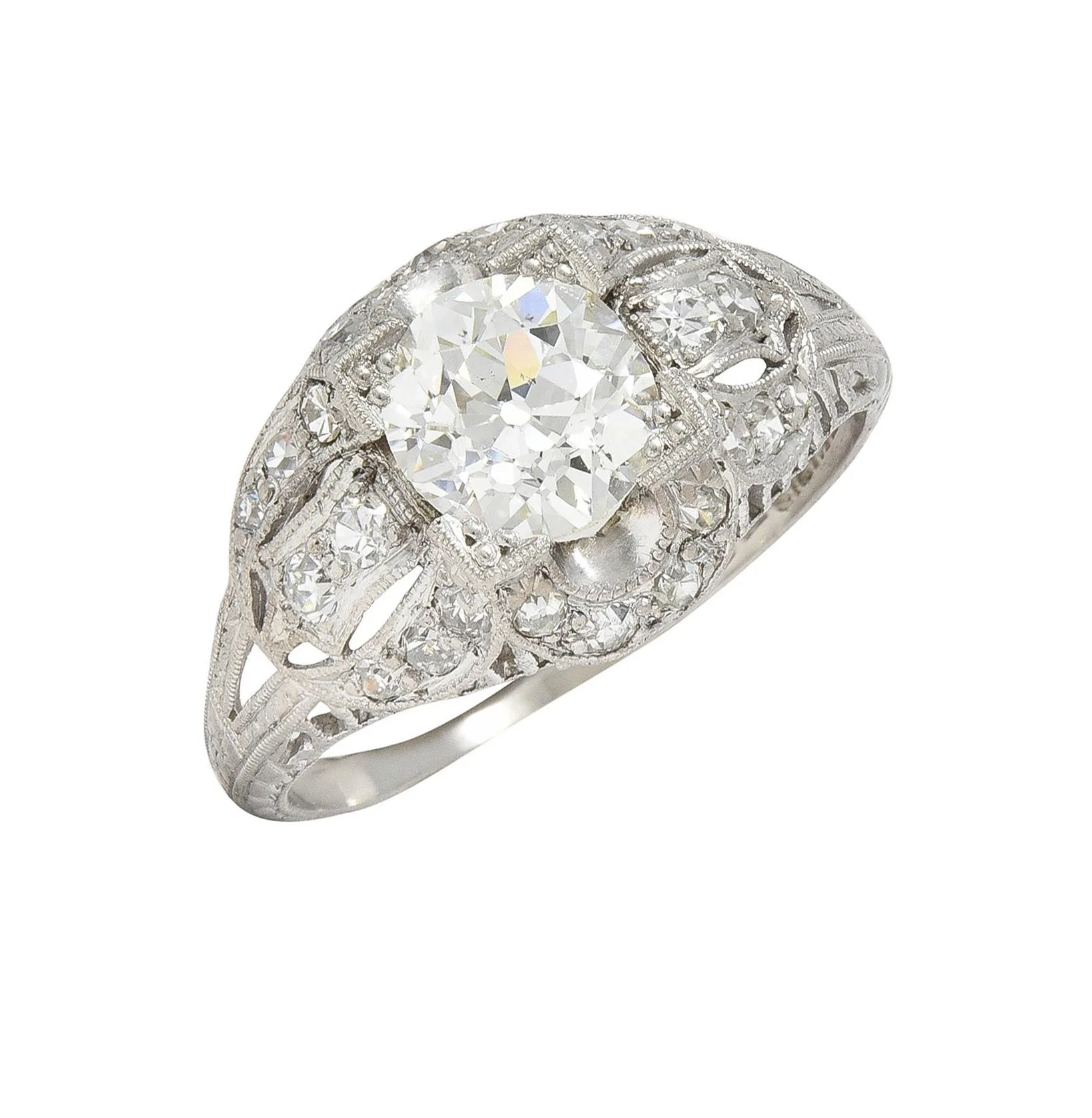 Art Deco 1.79 CTW Old European Cut Diamond Platinum Quatrefoil Antique Engagement Ring - Image 10