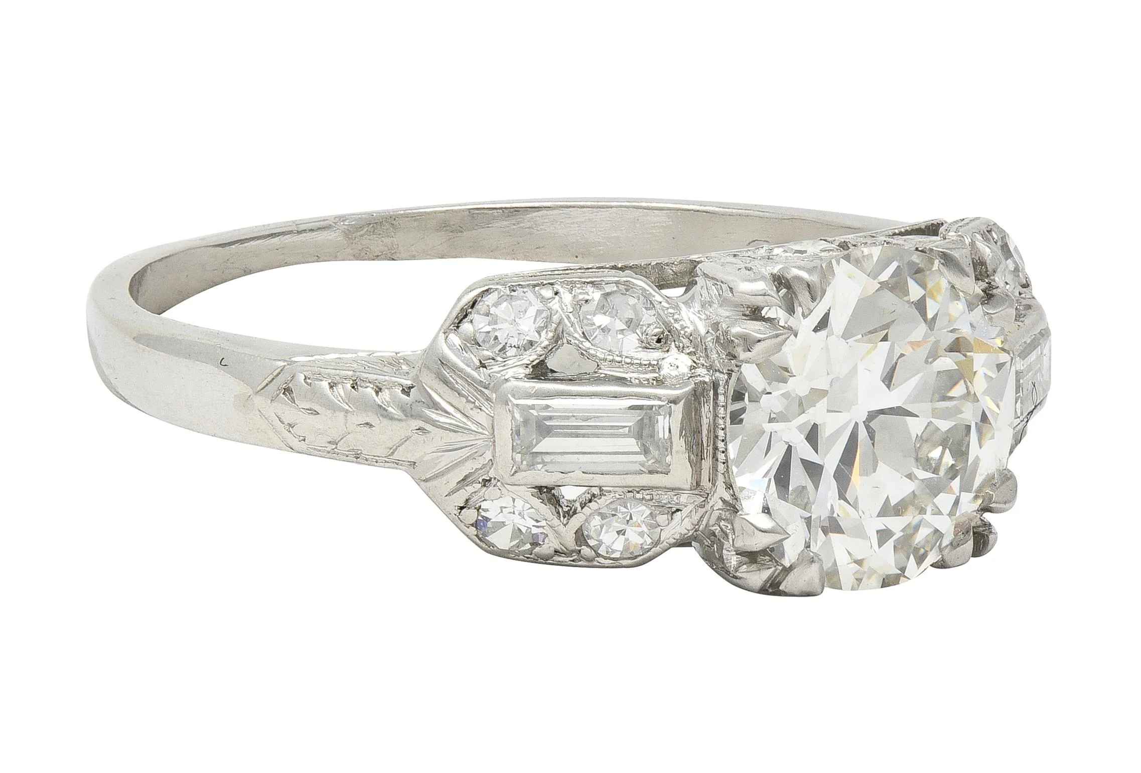 Art Deco 1.88 CTW Old European Cut Diamond Platinum Wheat Square Form Engagement Ring - Image 2