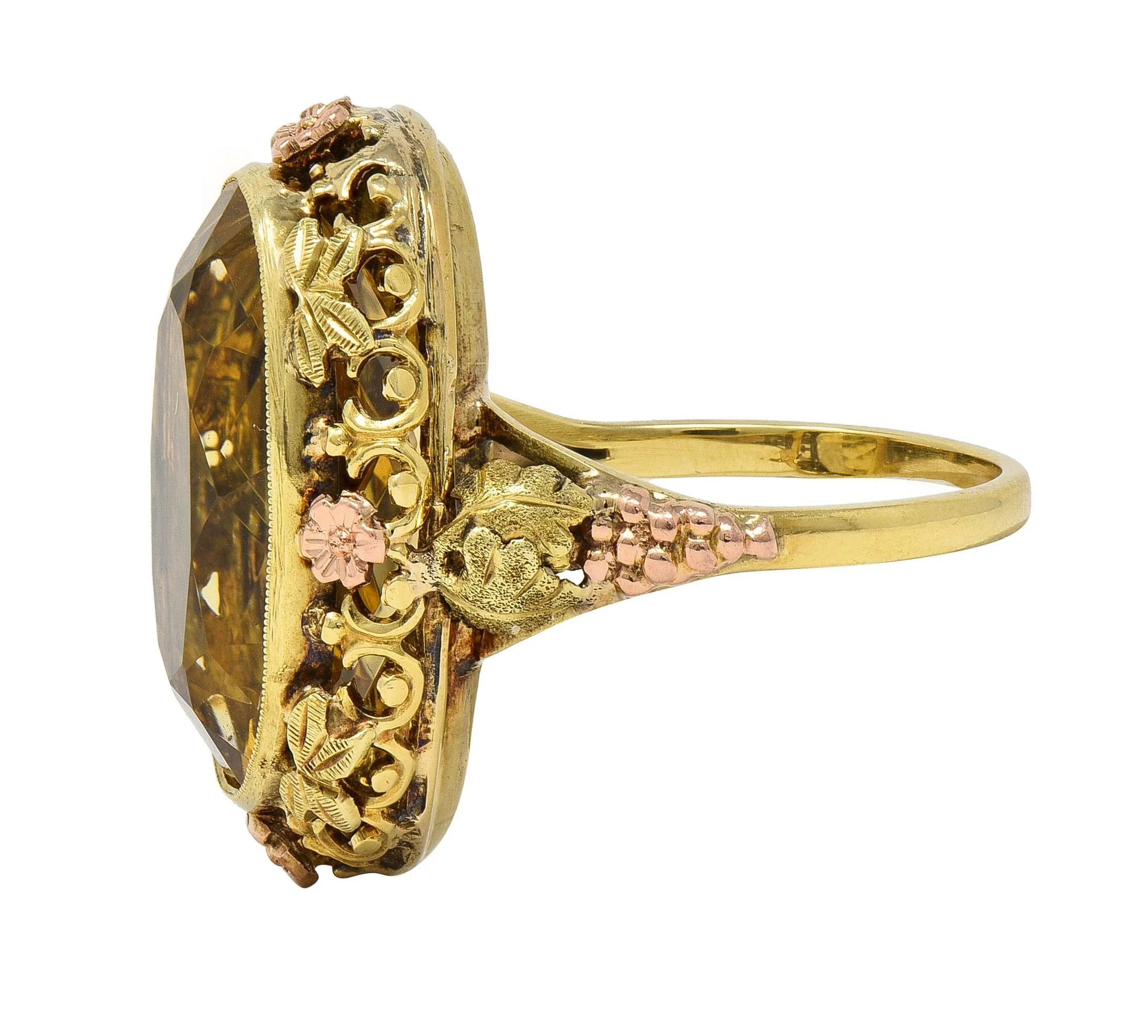 Art Deco 11.55 Citrine 14 Karat Two-Tone Gold Antique Grapevine Cocktail Ring - Image 4